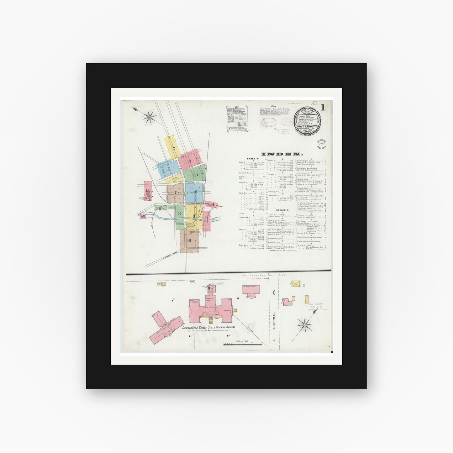 Old map wall art mockup — black gallery frame with white mat — Sanborn Fire Insurance Map from Shippensburg, Cumberland And Franklin Counties, Pennsylvania (1899) - Complete Map Set