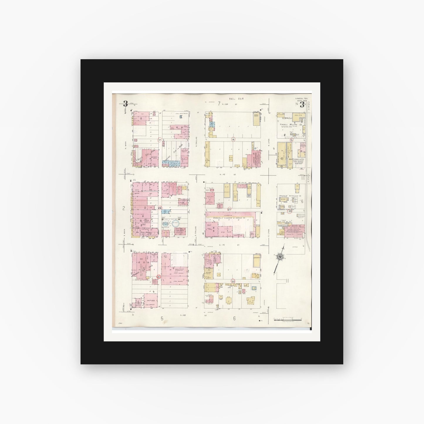 Old map wall art mockup — black gallery frame with white mat — Sanborn Fire Insurance Map from Lamesa, Dawson County, Texas (1948), Sheet #0003