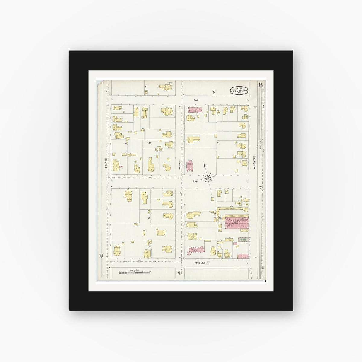 Old map wall art mockup — black gallery frame with white mat — Sanborn Fire Insurance Map from Goldsboro, Wayne County, North Carolina (1896), Sheet #0006