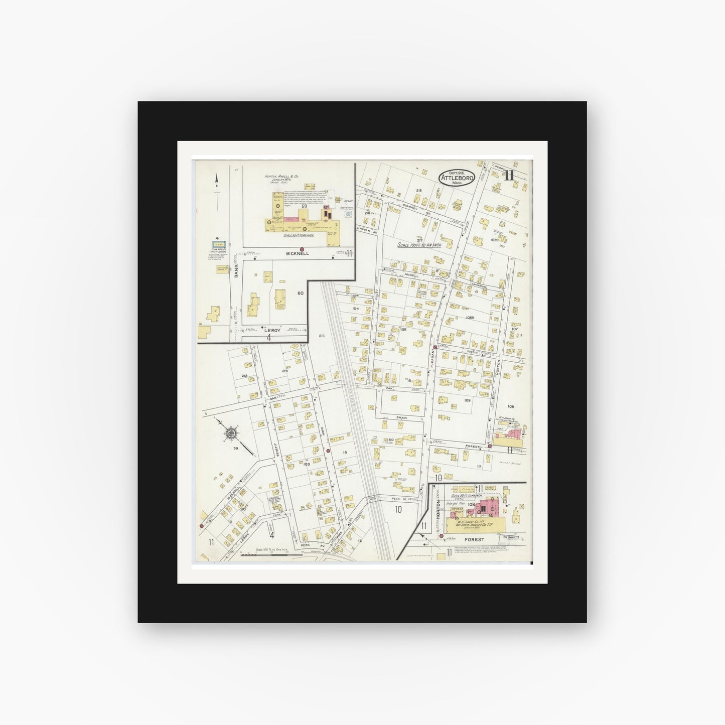 Old map wall art mockup — black gallery frame with white mat — Sanborn Fire Insurance Map from Attleboro, Bristol County, Massachusetts (1916), Sheet #0011