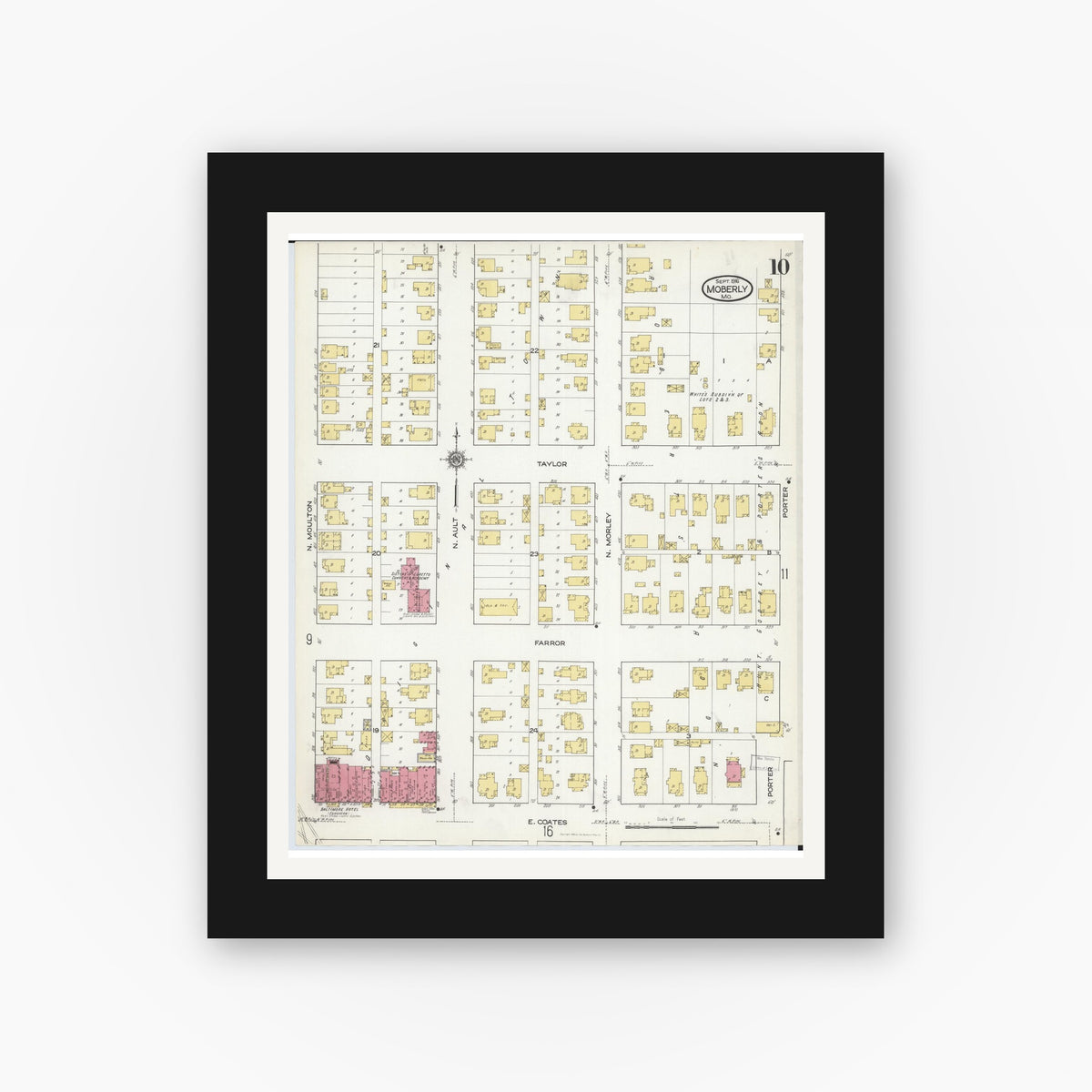 Old map wall art mockup — black gallery frame with white mat — Sanborn Fire Insurance Map from Moberly, Randolph County, Missouri (1916), Sheet #0010