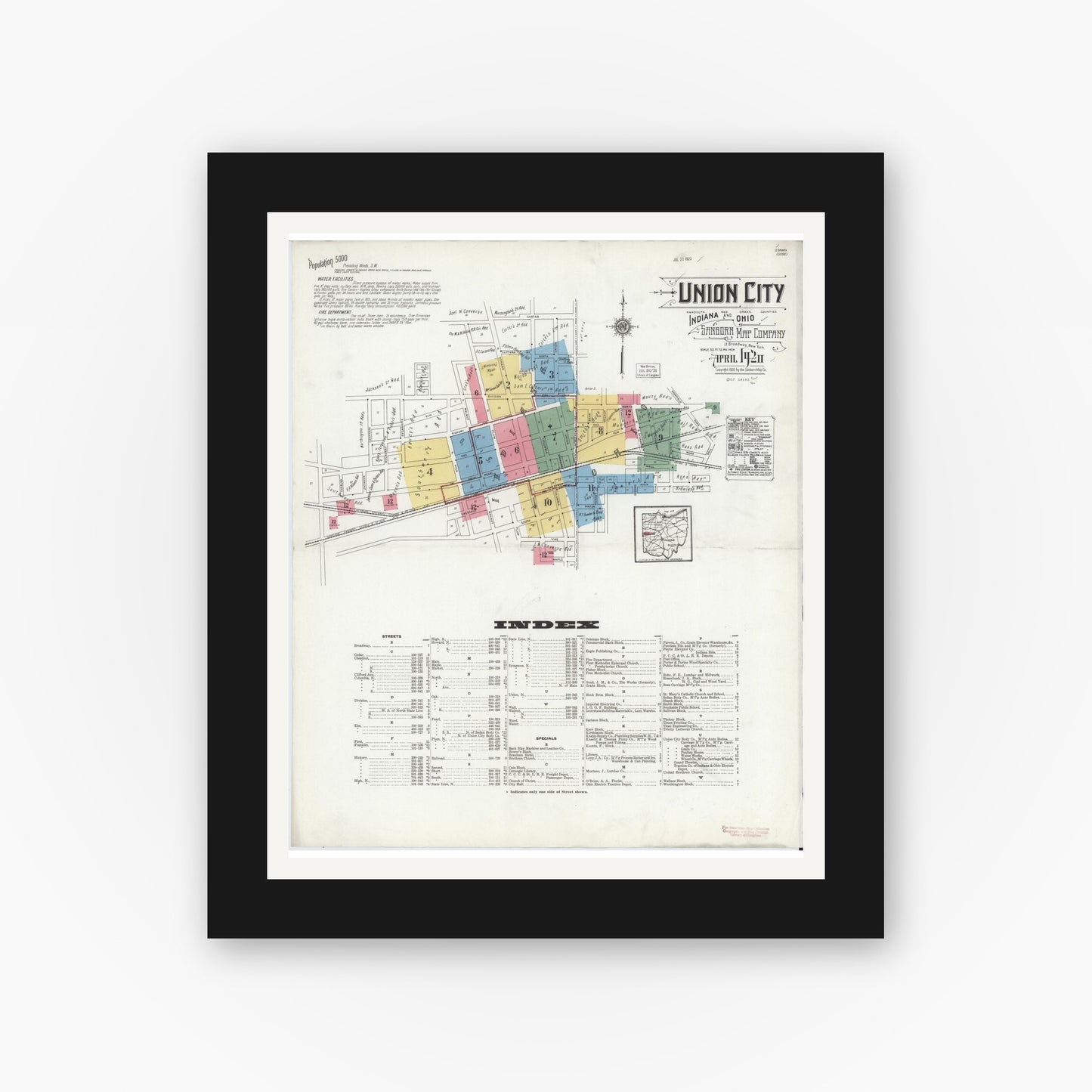 Old map wall art mockup — black gallery frame with white mat — Sanborn Fire Insurance Map from Union City, Randolph County, Indiana (1920) - Complete Map Set