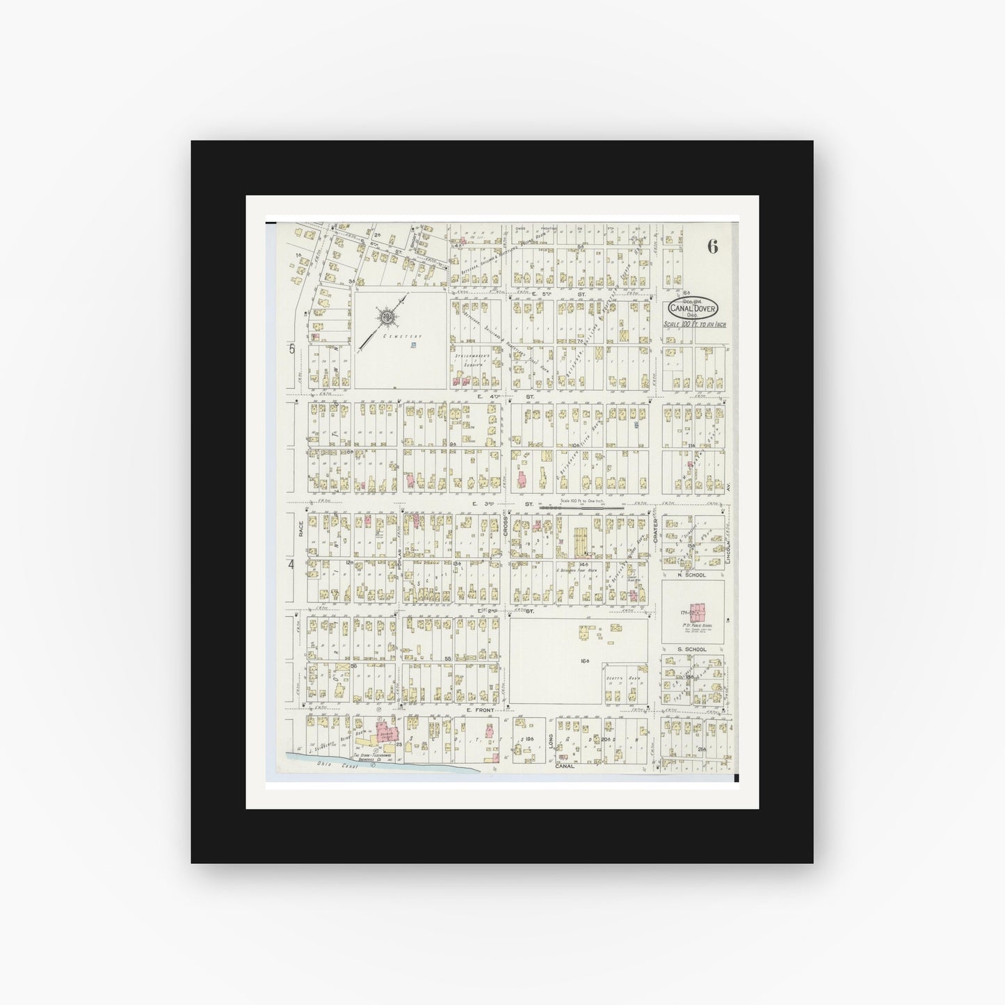 Old map wall art mockup — black gallery frame with white mat — Sanborn Fire Insurance Map from Canal Dover, Tuscarawas County, Ohio (1914), Sheet #0006