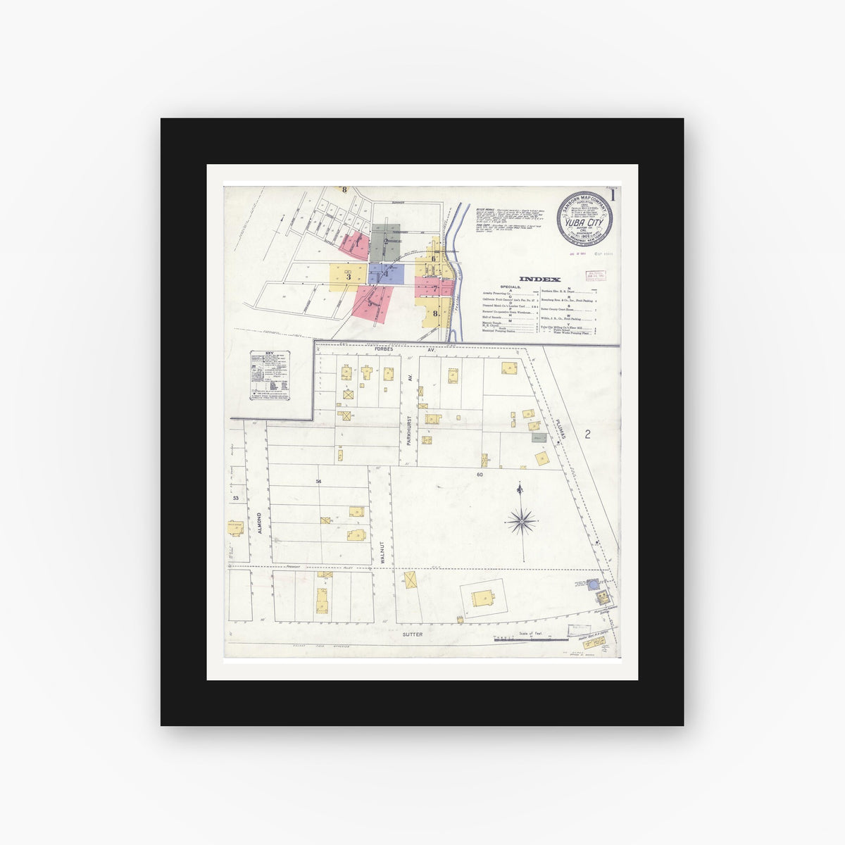 Old map wall art mockup — black gallery frame with white mat — Sanborn Fire Insurance Map from Yuba City, Sutter County, California (1909) - Complete Map Set