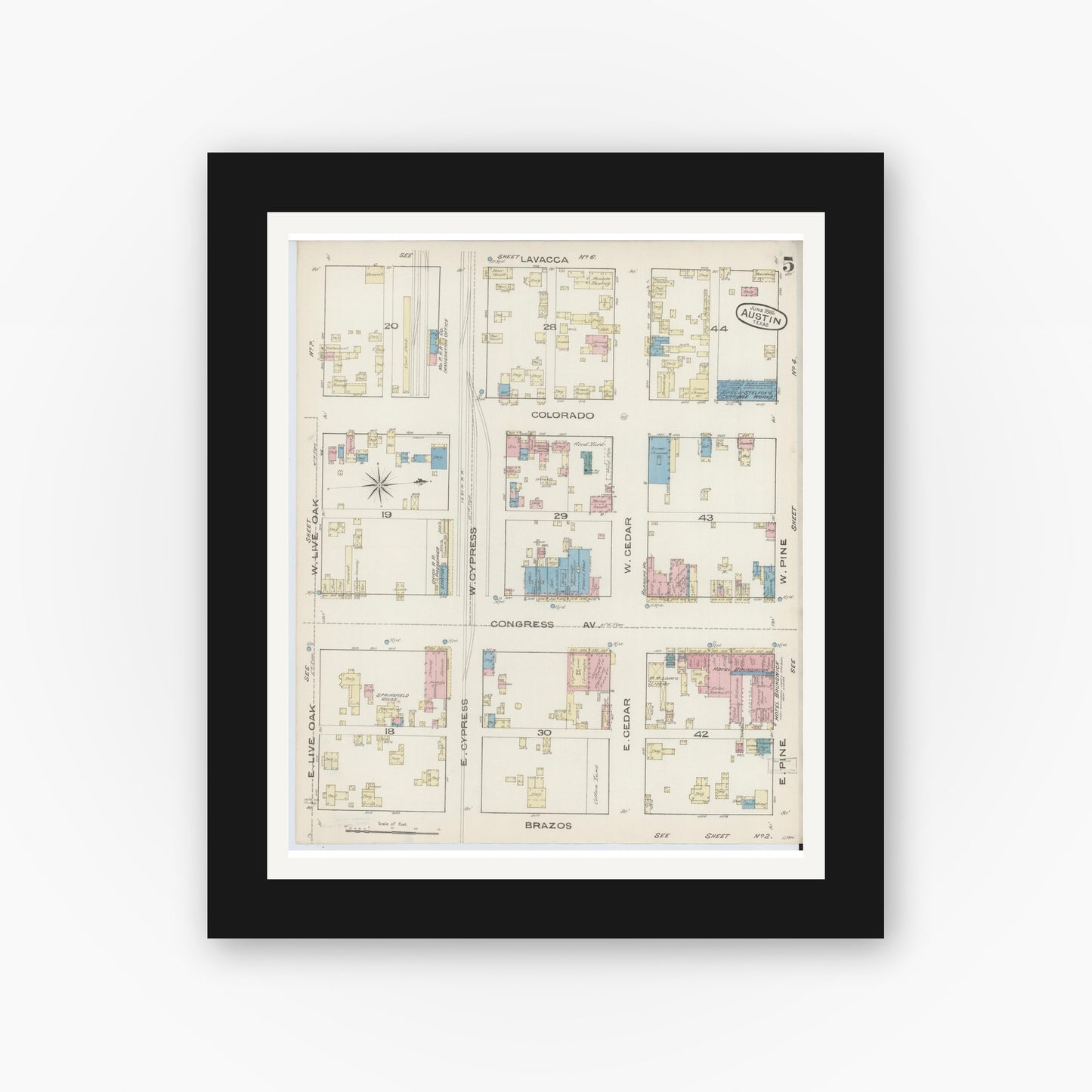 Old map wall art mockup — black gallery frame with white mat — Sanborn Fire Insurance Map from Austin, Travis County, Texas (1885), Sheet #0005