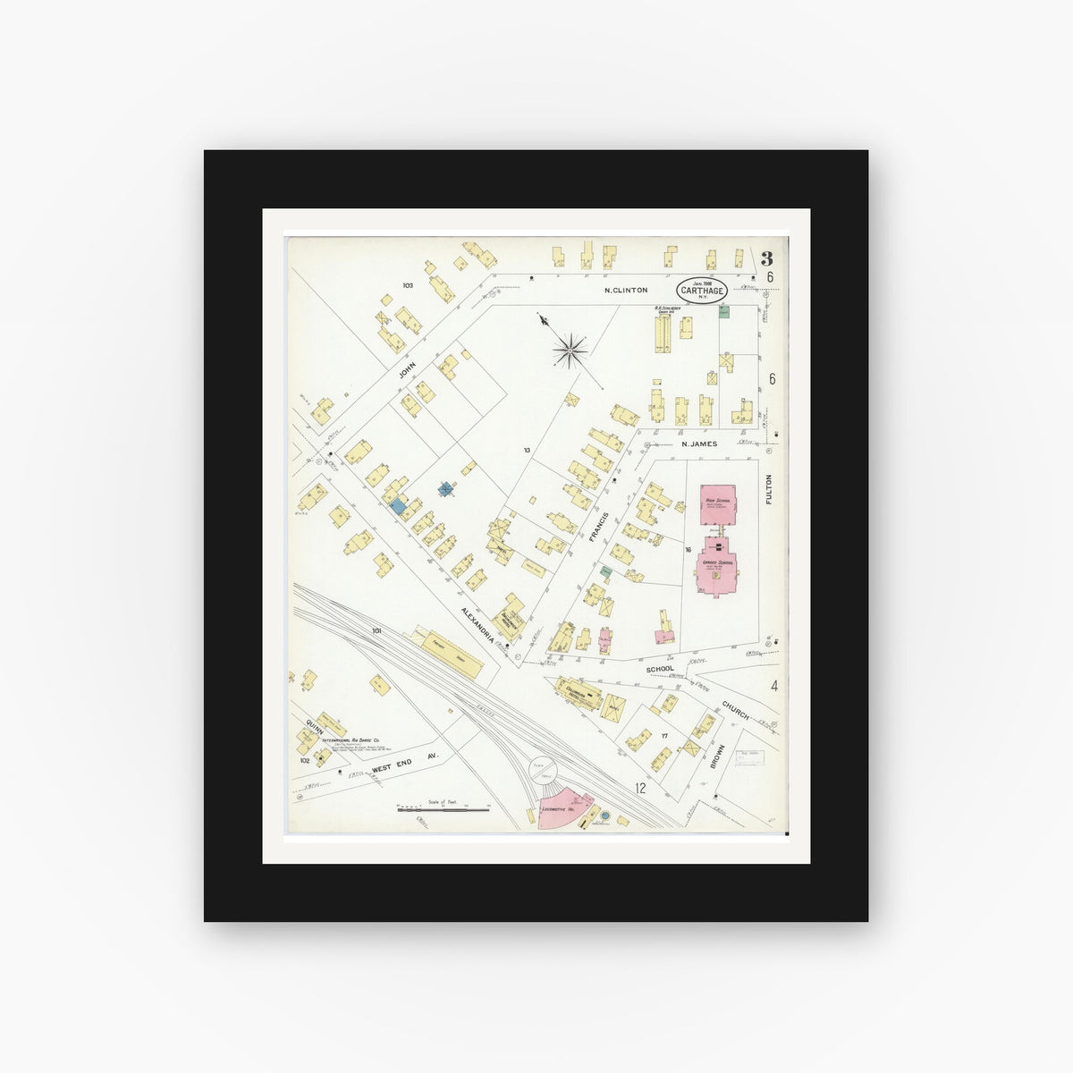 Old map wall art mockup — black gallery frame with white mat — Sanborn Fire Insurance Map from Carthage, Jefferson County, New York (1908), Sheet #0003