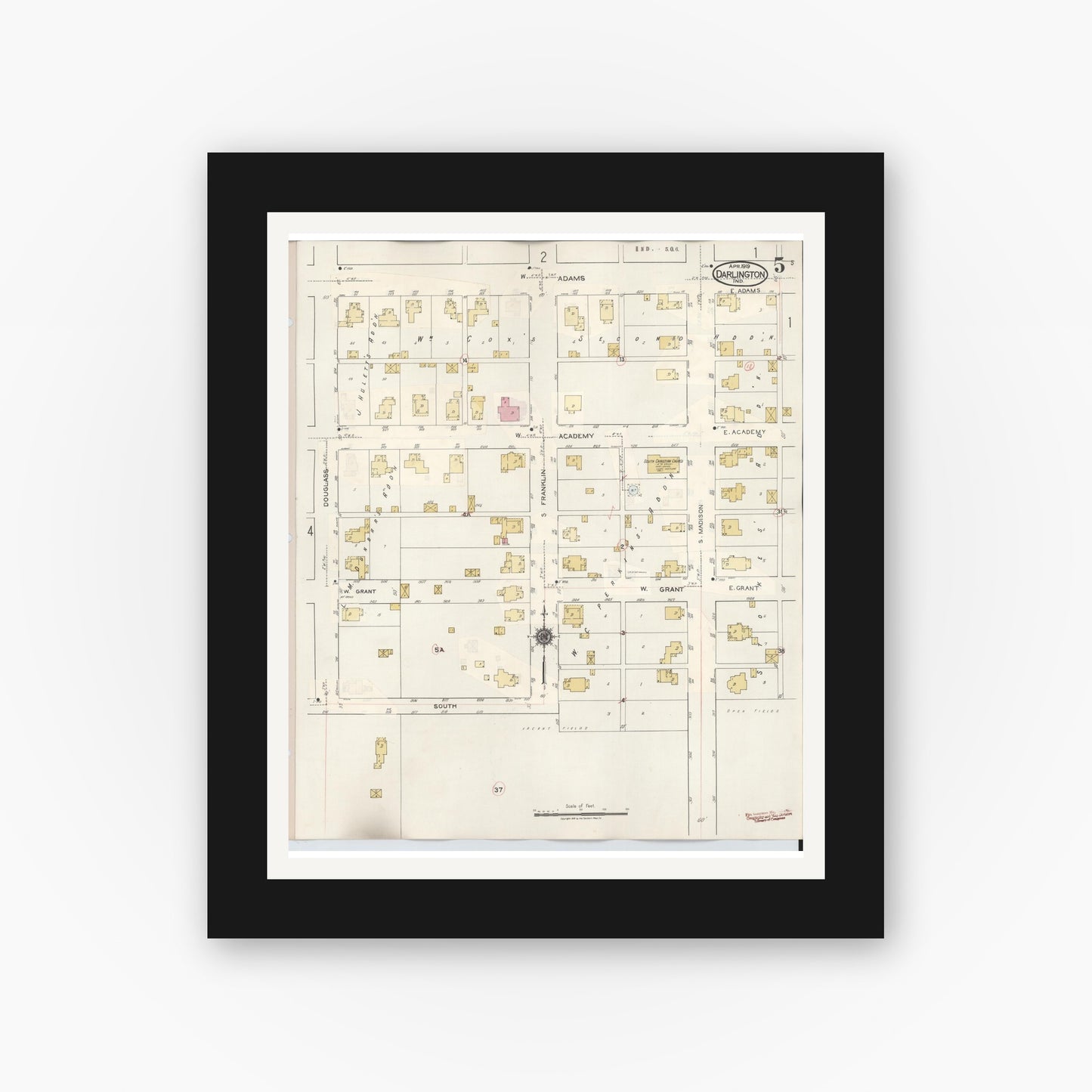Old map wall art mockup — black gallery frame with white mat — Sanborn Fire Insurance Map from Darlington, Montgomery County, Indiana (1942), Sheet #0005