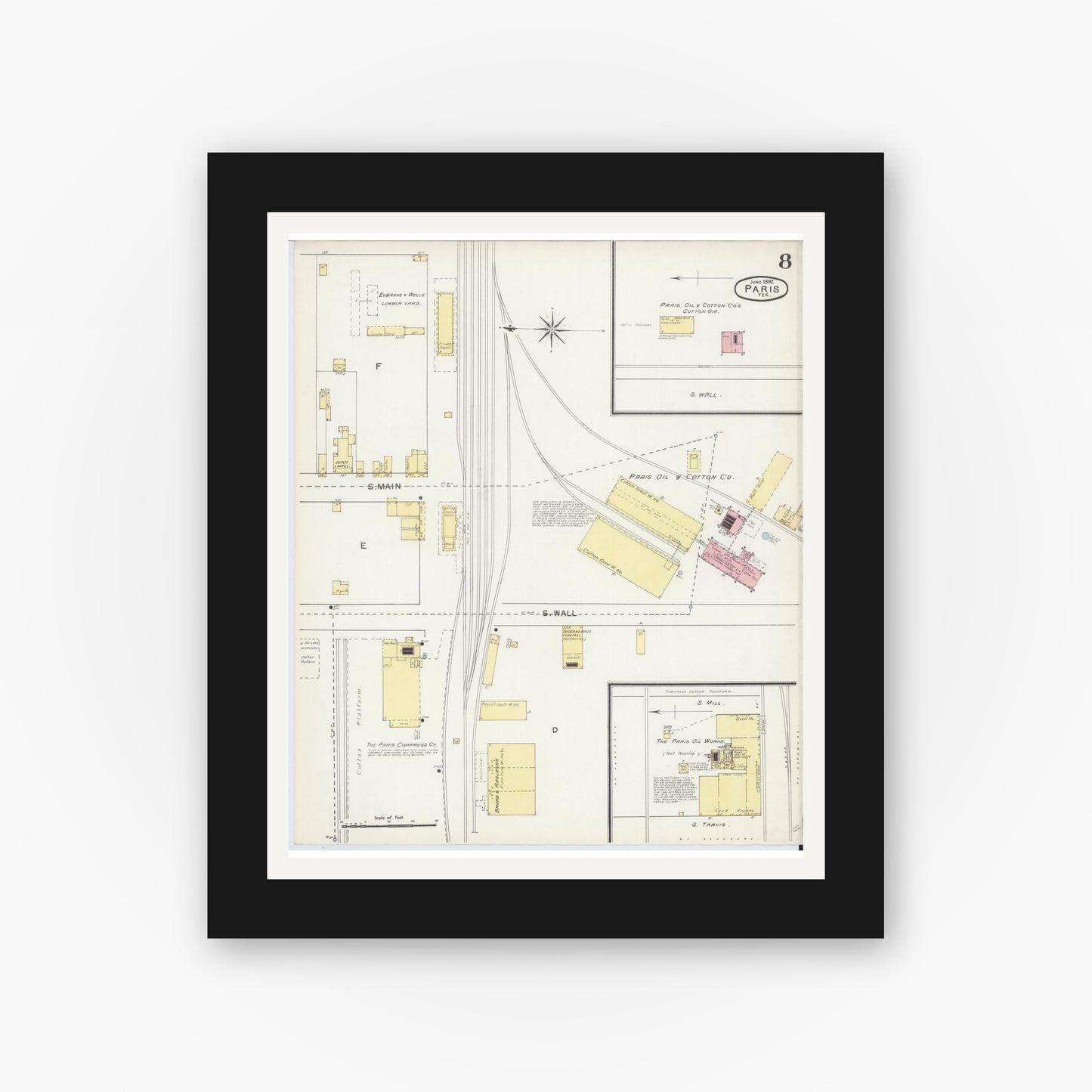 Old map wall art mockup — black gallery frame with white mat — Sanborn Fire Insurance Map from Paris, Lamar County, Texas (1892), Sheet #0008