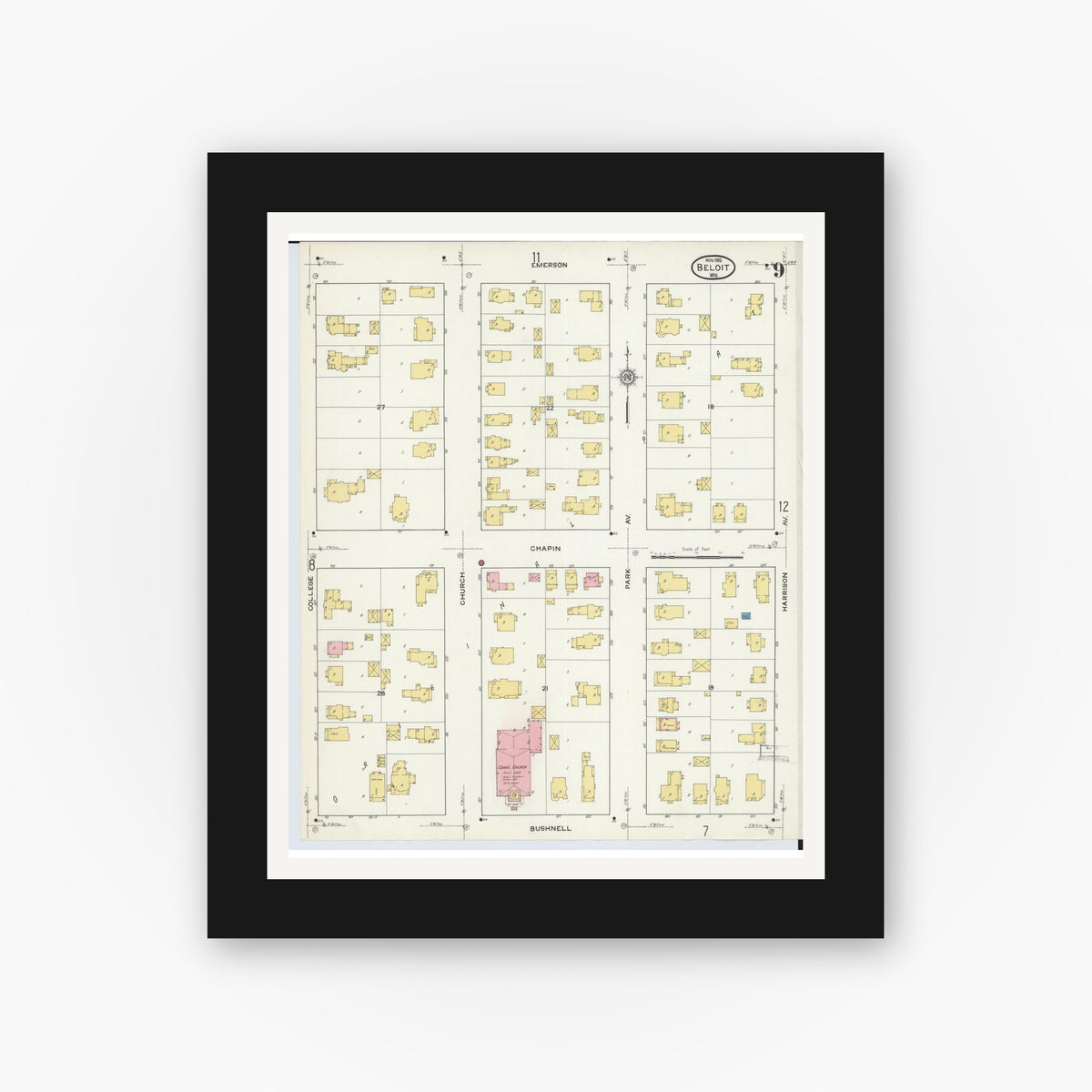 Old map wall art mockup — black gallery frame with white mat — Sanborn Fire Insurance Map from Beloit, Rock County, Wisconsin (1915), Sheet #0009