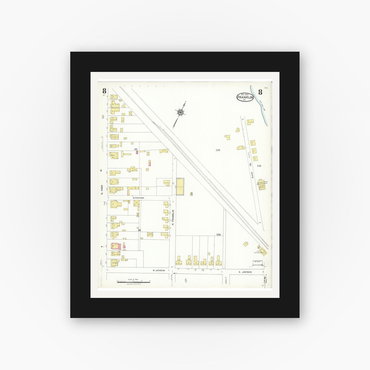 Old map wall art mockup — black gallery frame with white mat — Sanborn Fire Insurance Map from Franklin, Independent Cities, Virginia (1923), Sheet #0008
