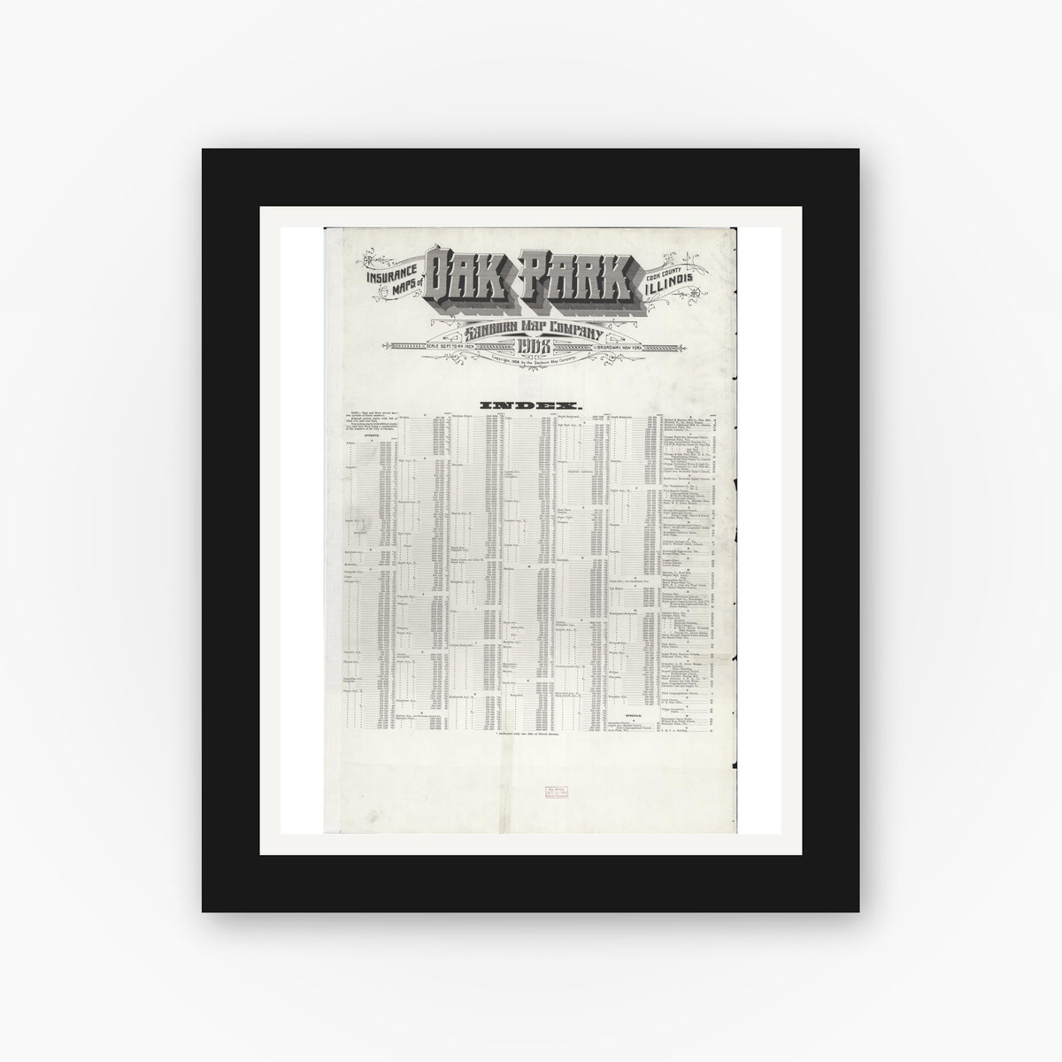 Old map wall art mockup — black gallery frame with white mat — Sanborn Fire Insurance Map from Oak Park, Cook County, Illinois (1908), Sheet #0001