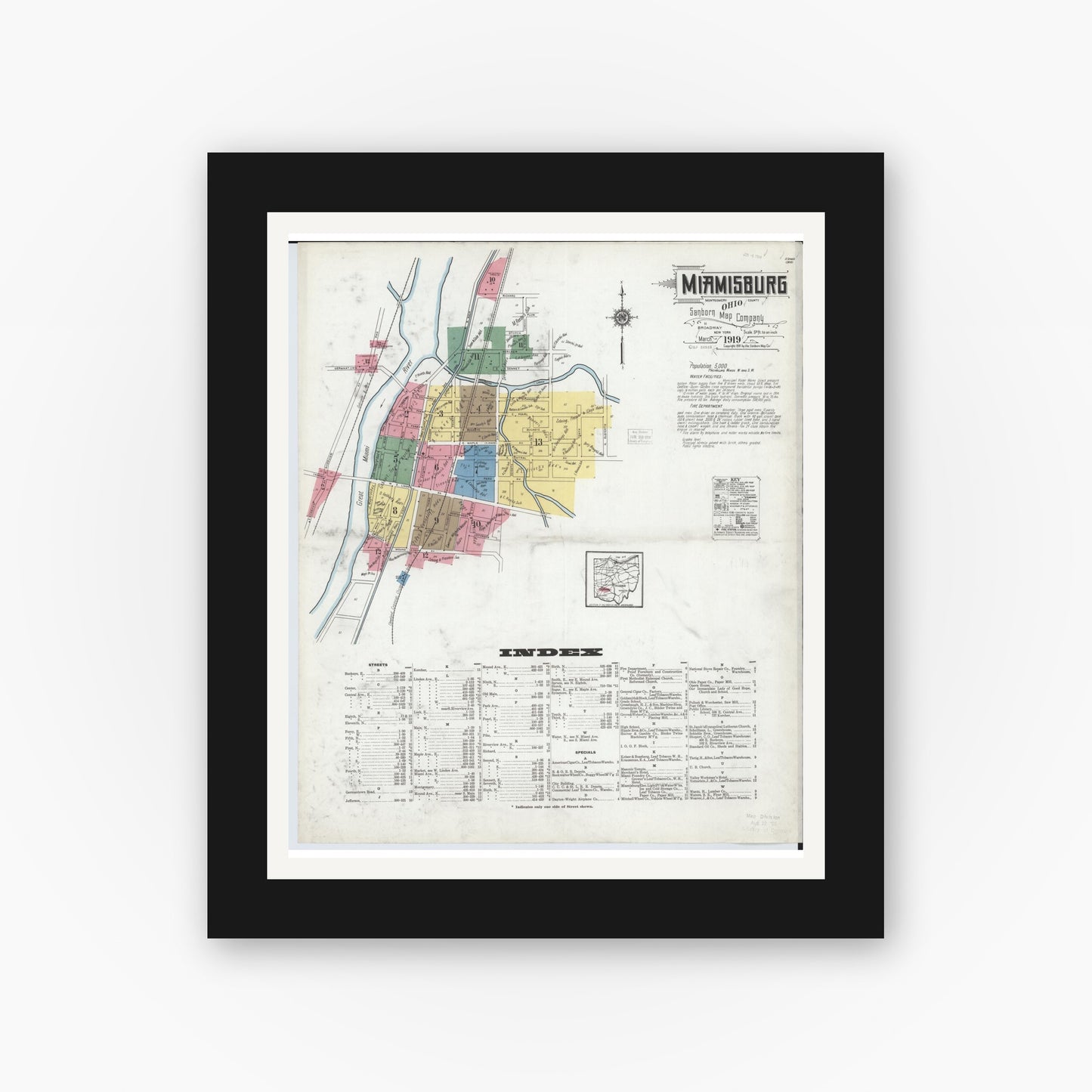 Old map wall art mockup — black gallery frame with white mat — Sanborn Fire Insurance Map from Miamisburg, Montgomery County, Ohio (1919) - Complete Map Set