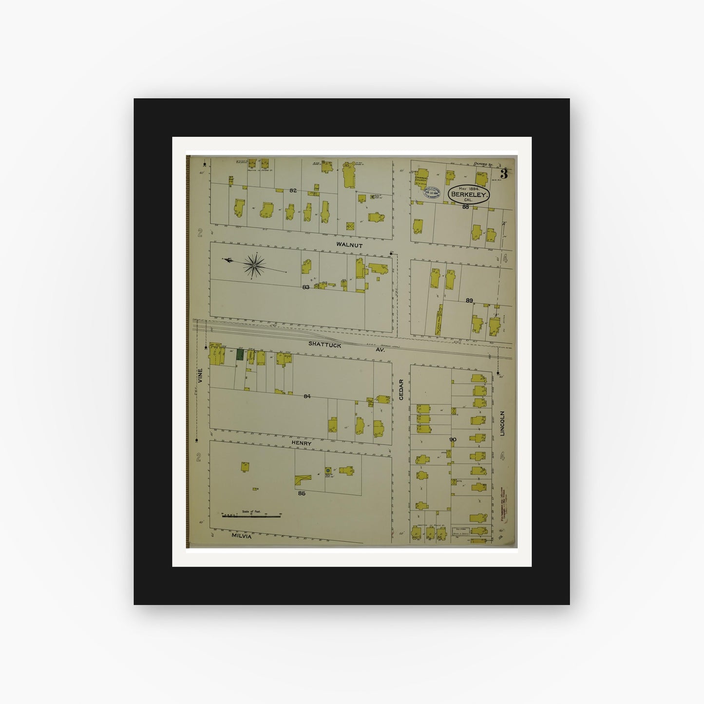 Old map wall art mockup — black gallery frame with white mat — Sanborn Fire Insurance Map from Berkeley, Alameda County, California (1894), Sheet #0003