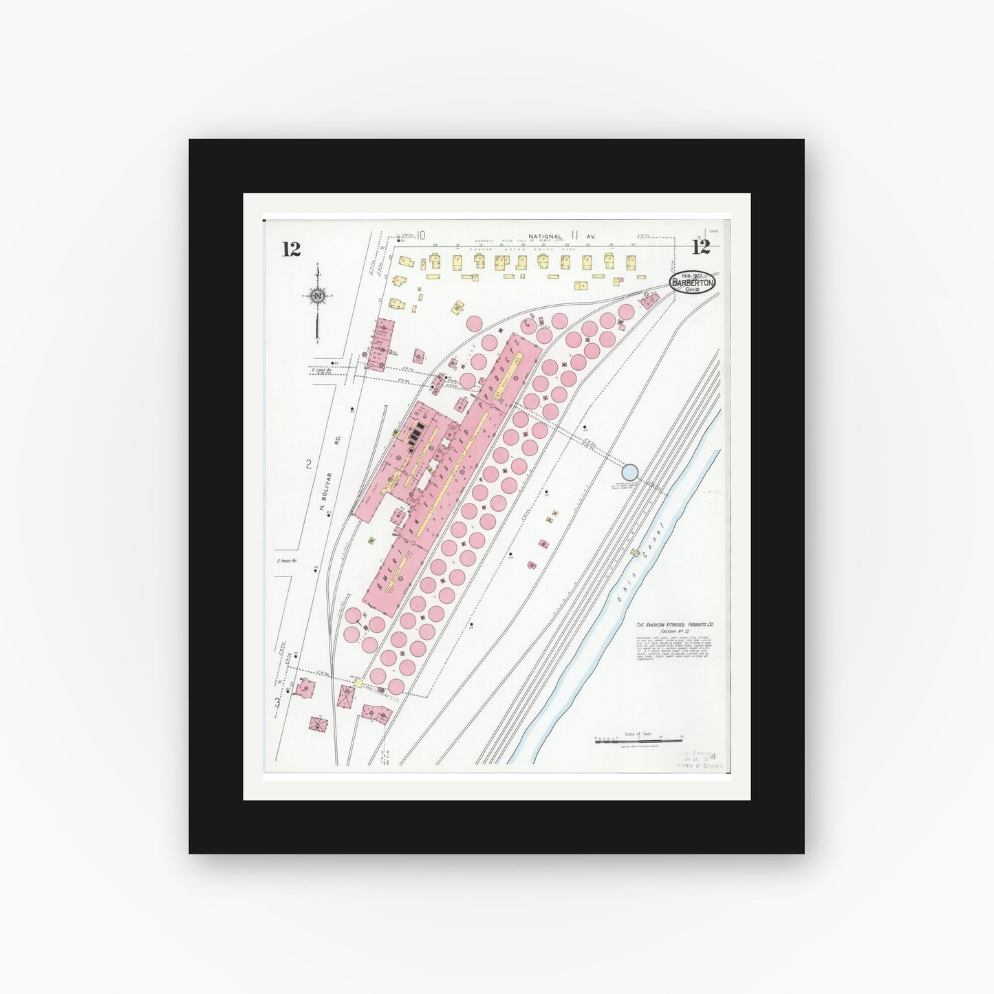 Old map wall art mockup — black gallery frame with white mat — Sanborn Fire Insurance Map from Barberton, Summit County, Ohio (1927), Sheet #0012