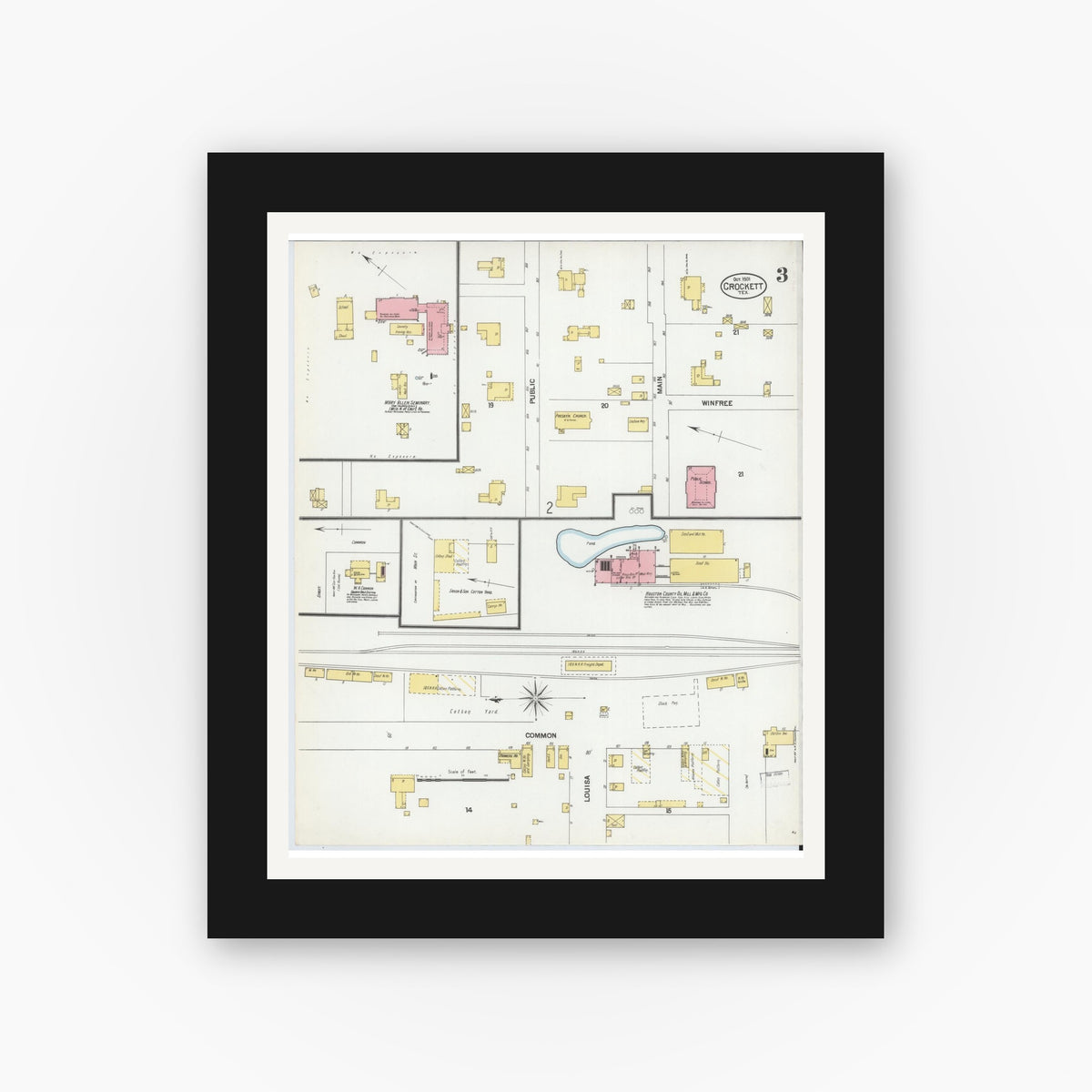 Old map wall art mockup — black gallery frame with white mat — Sanborn Fire Insurance Map from Crockett, Houston County, Texas (1901), Sheet #0003