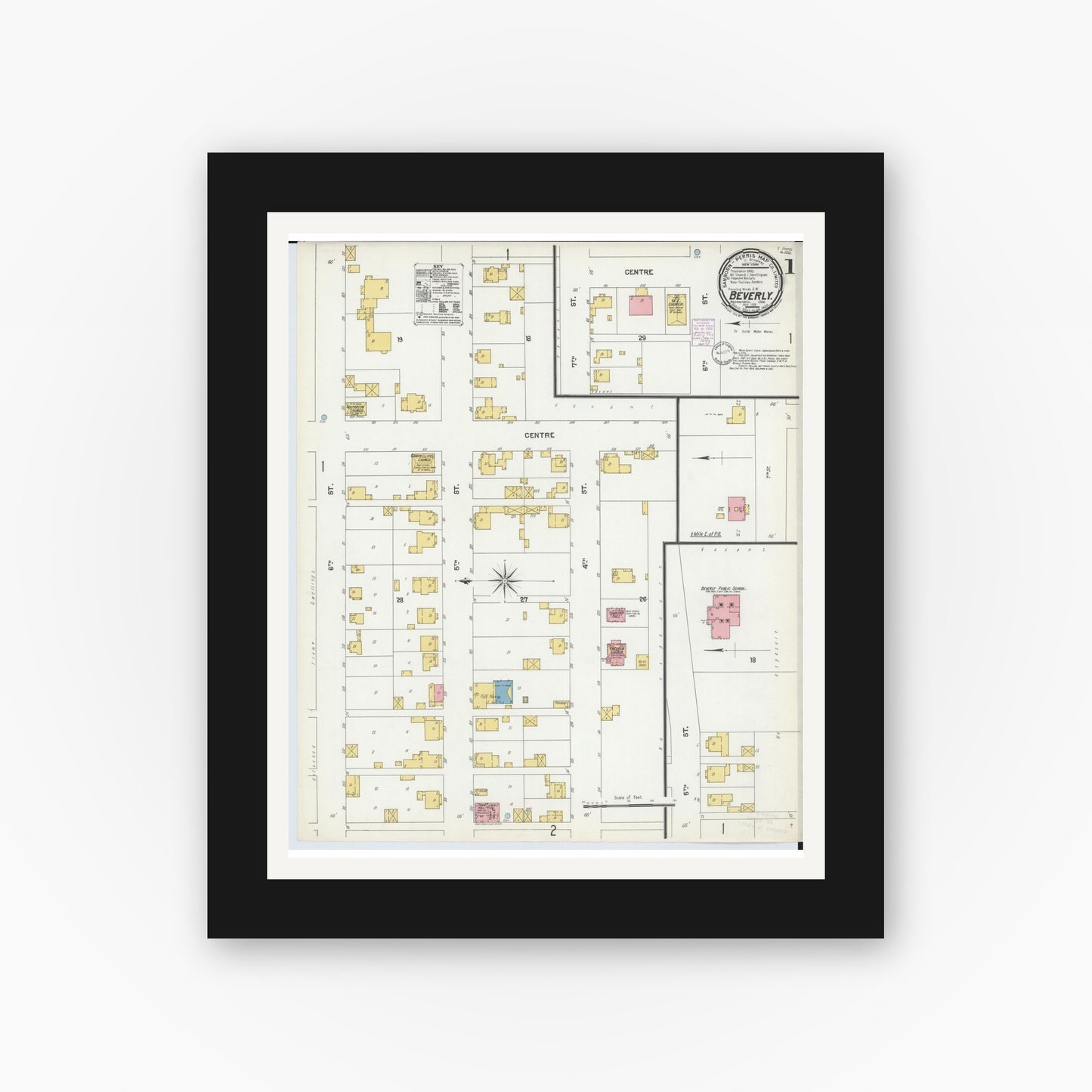 Old map wall art mockup — black gallery frame with white mat — Sanborn Fire Insurance Map from Beverly, Washington County, Ohio (1901) - Complete Map Set