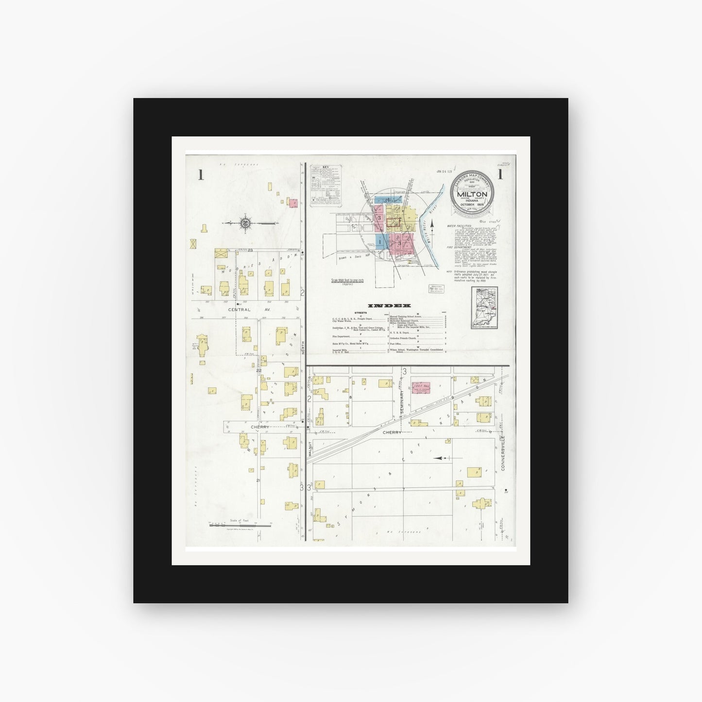 Old map wall art mockup — black gallery frame with white mat — Sanborn Fire Insurance Map from Milton, Wayne County, Indiana (1928), Sheet #0001