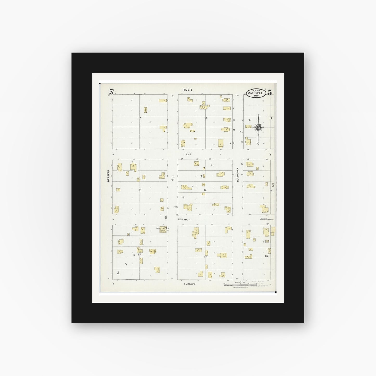Old map wall art mockup — black gallery frame with white mat — Sanborn Fire Insurance Map from Waterville, Le Sueur County, Minnesota (1924), Sheet #0005