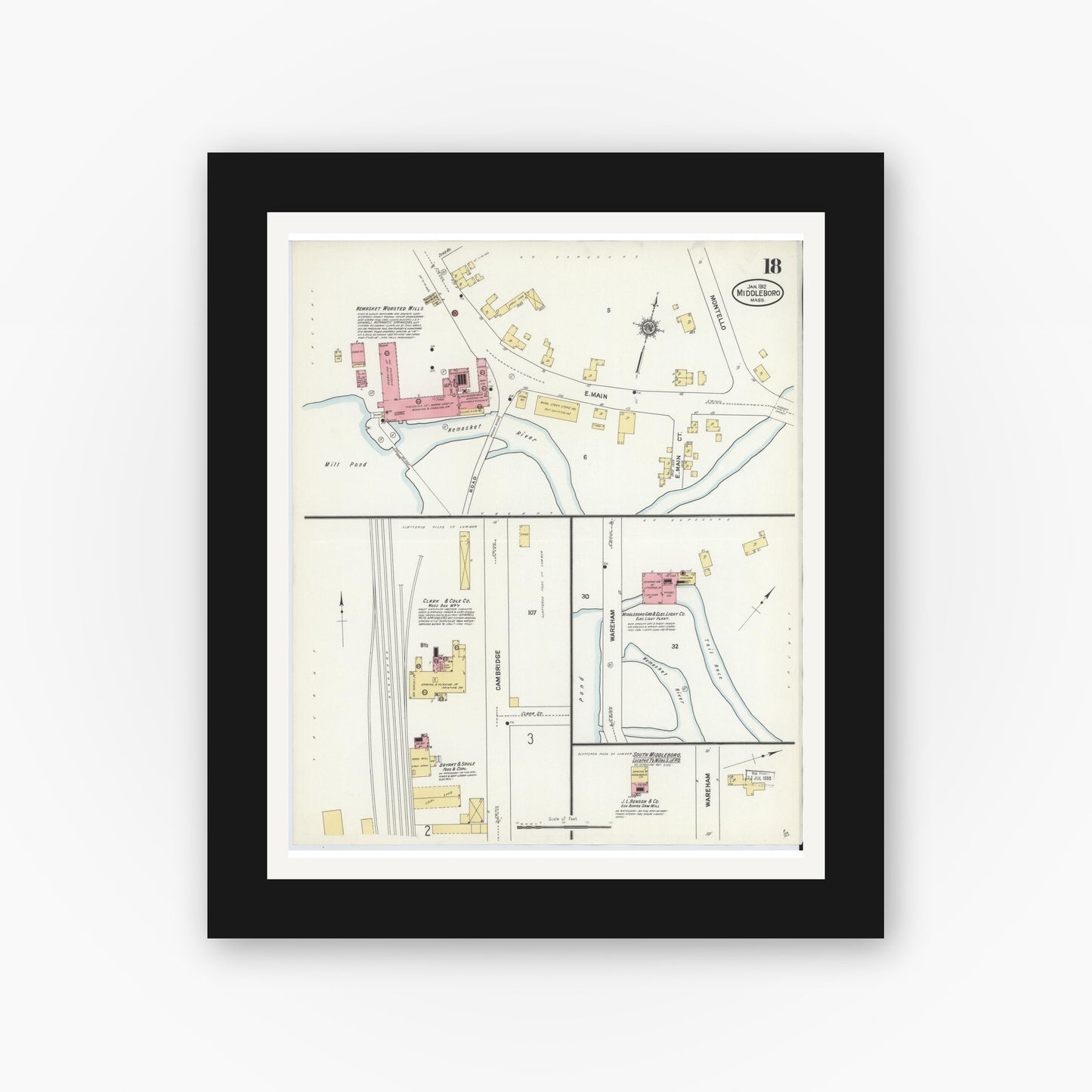 Old map wall art mockup — black gallery frame with white mat — Sanborn Fire Insurance Map from Middleboro, Plymouth County, Massachusetts (1912), Sheet #0018