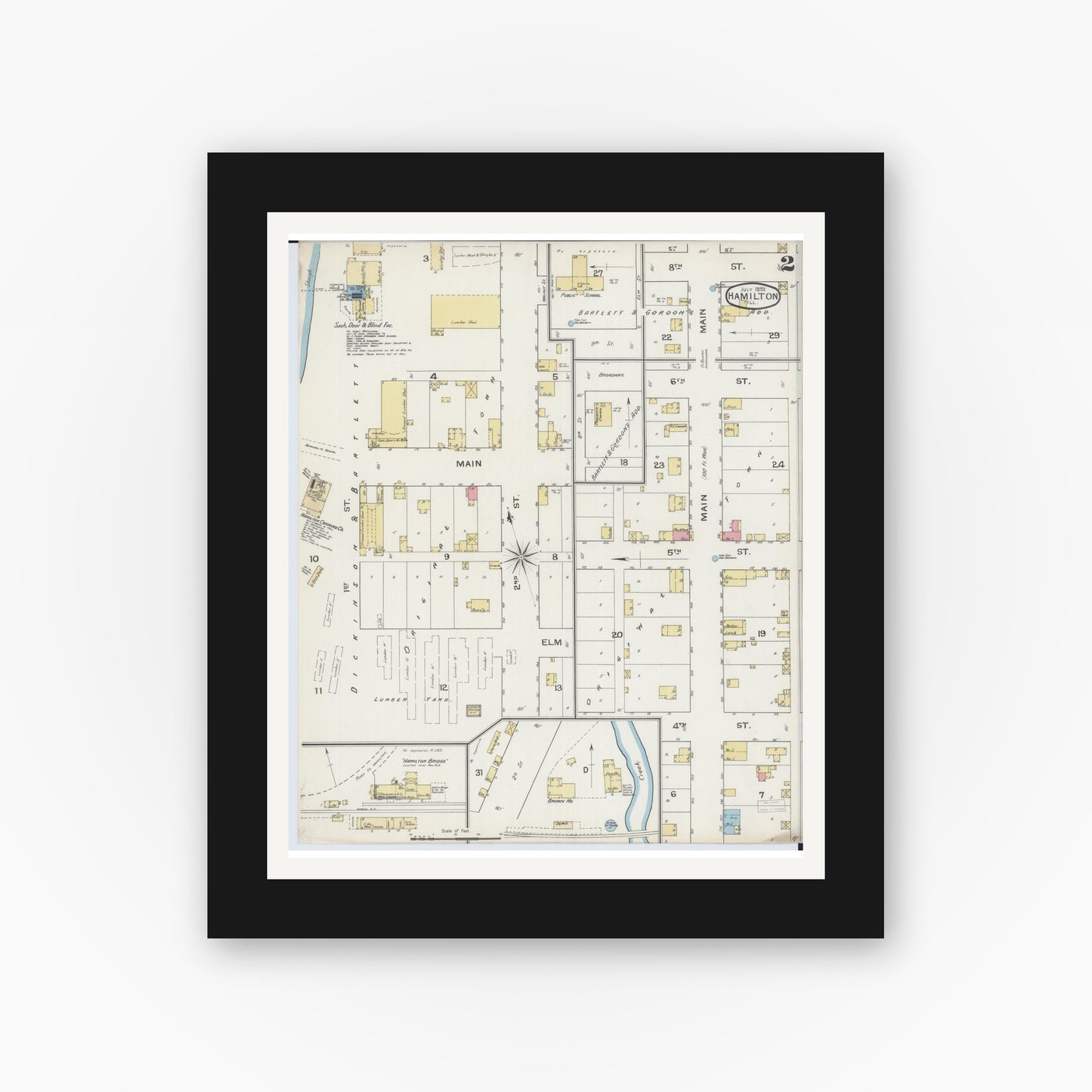 Old map wall art mockup — black gallery frame with white mat — Sanborn Fire Insurance Map from Hamilton, Hancock County, Illinois (1893), Sheet #0002