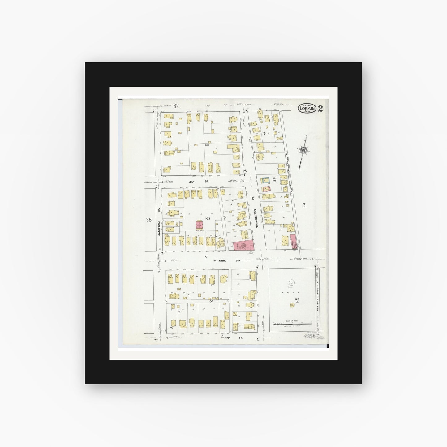 Old map wall art mockup — black gallery frame with white mat — Sanborn Fire Insurance Map from Lorain, Lorain County, Ohio (1918), Sheet #0002