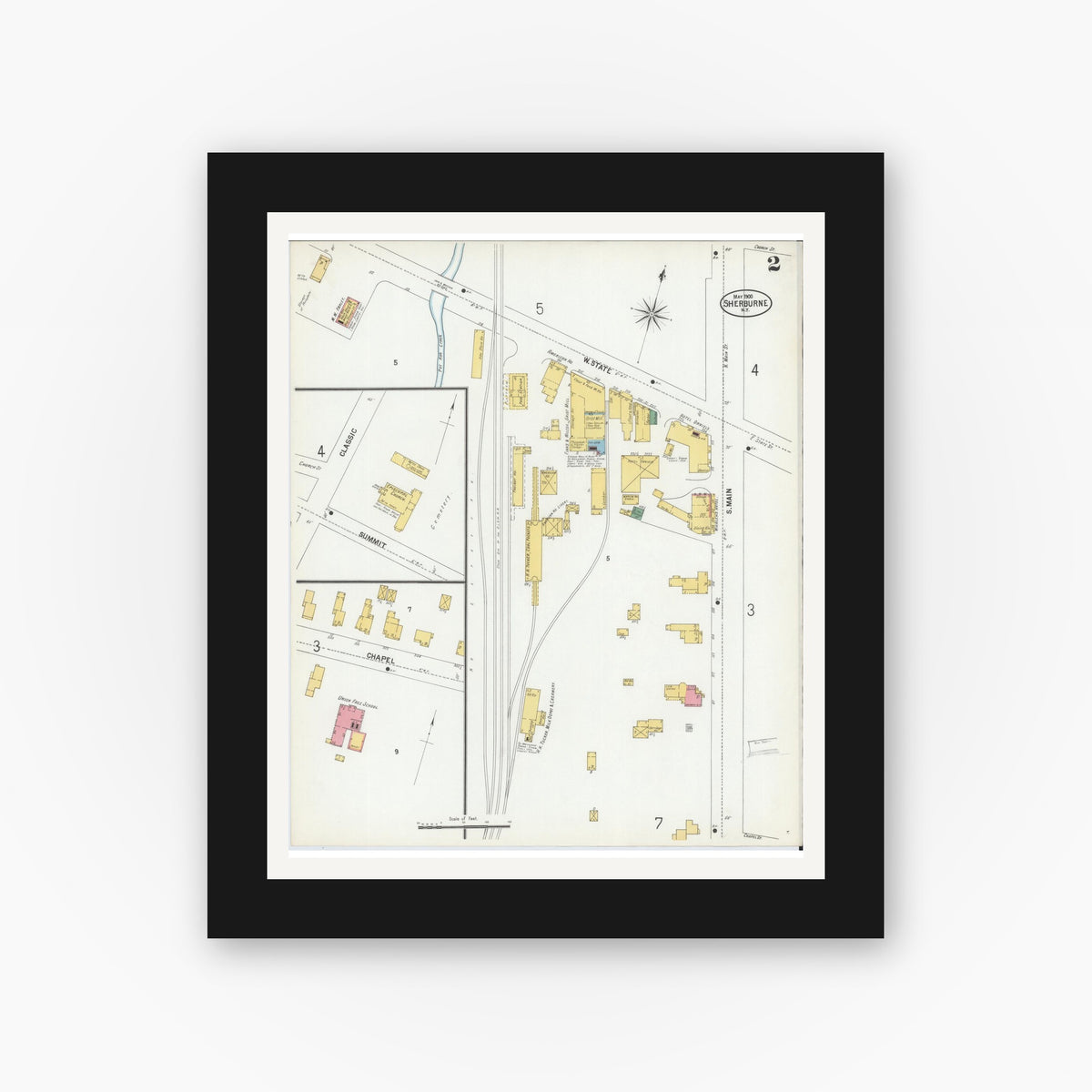 Old map wall art mockup — black gallery frame with white mat — Sanborn Fire Insurance Map from Sherburne, Chenango County, New York (1900), Sheet #0002