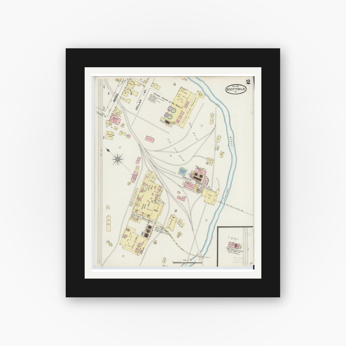 Old map wall art mockup — black gallery frame with white mat — Sanborn Fire Insurance Map from Scottdale, Westmoreland County, Pennsylvania (1891), Sheet #0002