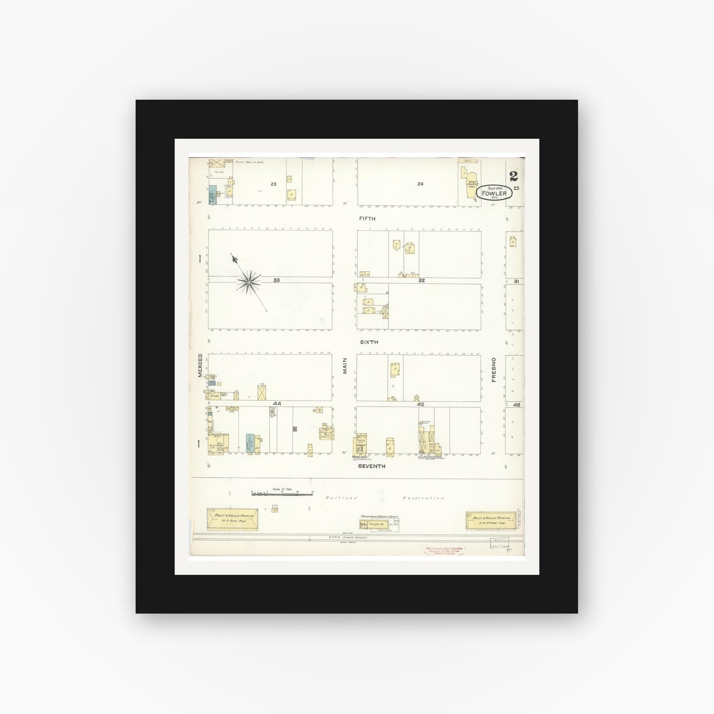Old map wall art mockup — black gallery frame with white mat — Sanborn Fire Insurance Map from Fowler, Fresno County, California (1896), Sheet #0002