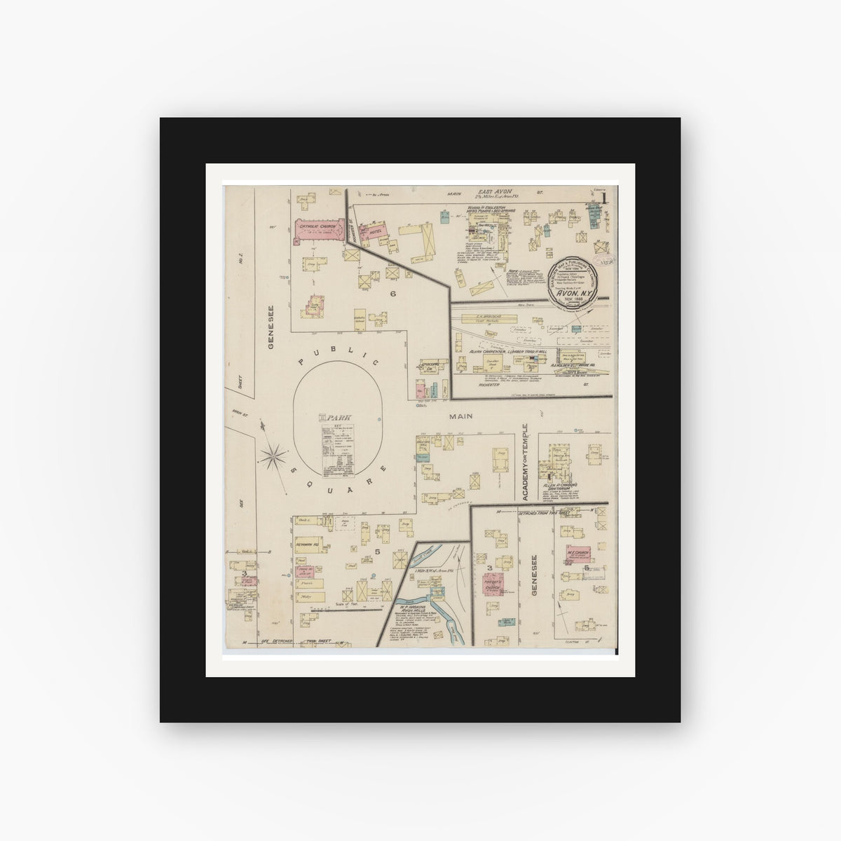 Old map wall art mockup — black gallery frame with white mat — Sanborn Fire Insurance Map from Avon, Livingston County, New York (1885) - Complete Map Set