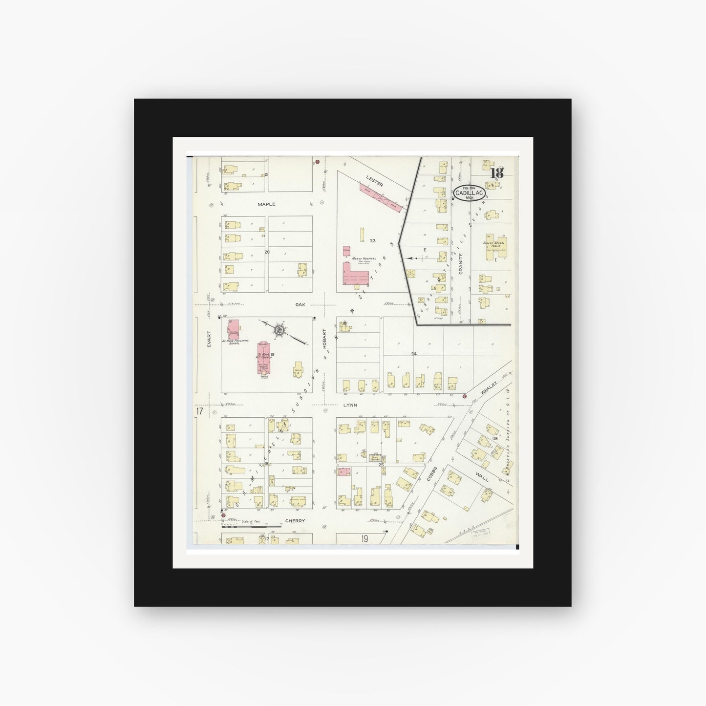 Old map wall art mockup — black gallery frame with white mat — Sanborn Fire Insurance Map from Cadillac, Wexford County, Michigan (1914), Sheet #0018