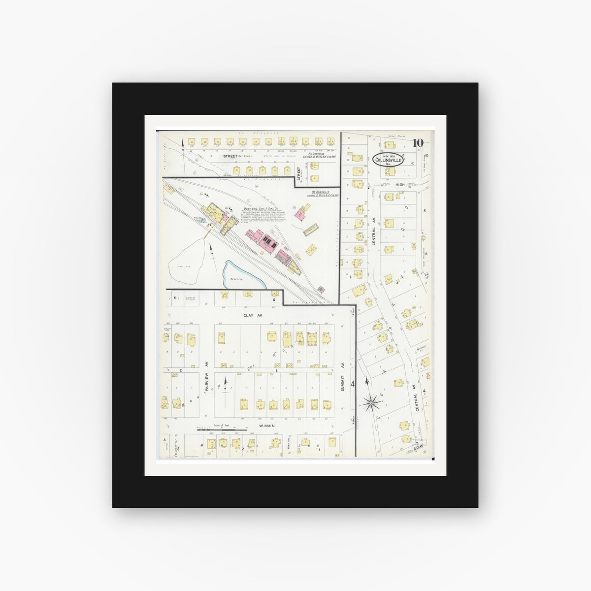 Old map wall art mockup — black gallery frame with white mat — Sanborn Fire Insurance Map from Collinsville, Madison County, Illinois (1907), Sheet #0010