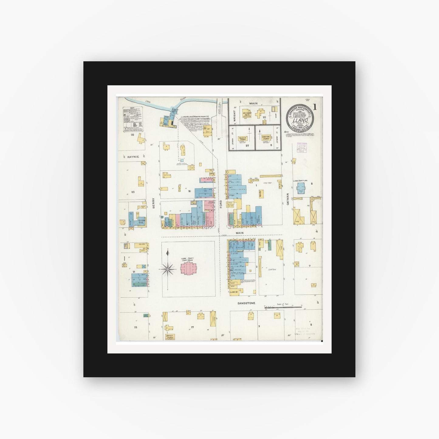 Old map wall art mockup — black gallery frame with white mat — Sanborn Fire Insurance Map from Llano, Llano County, Texas (1905), Sheet #0001