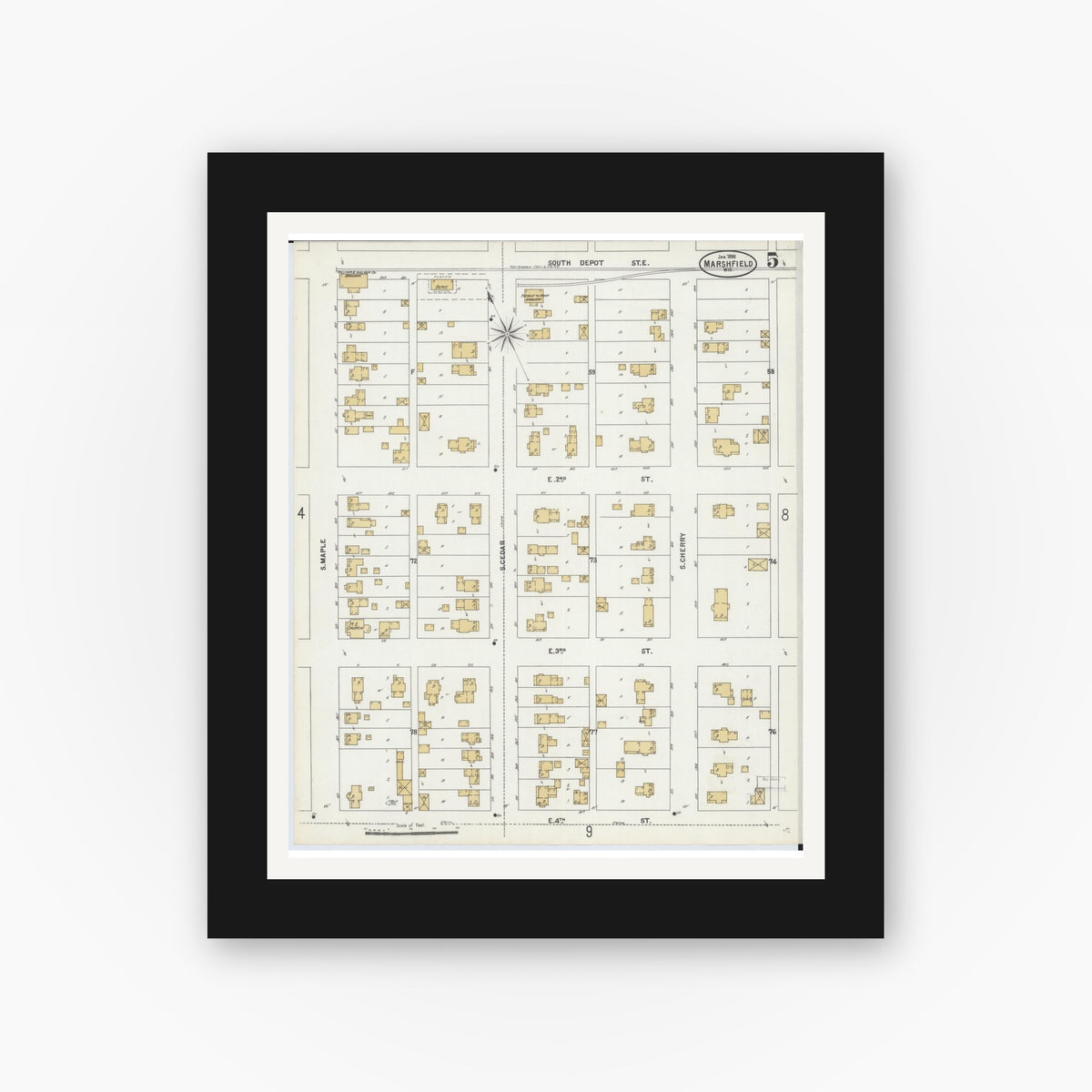 Old map wall art mockup — black gallery frame with white mat — Sanborn Fire Insurance Map from Marshfield, Wood County, Wisconsin (1898), Sheet #0005