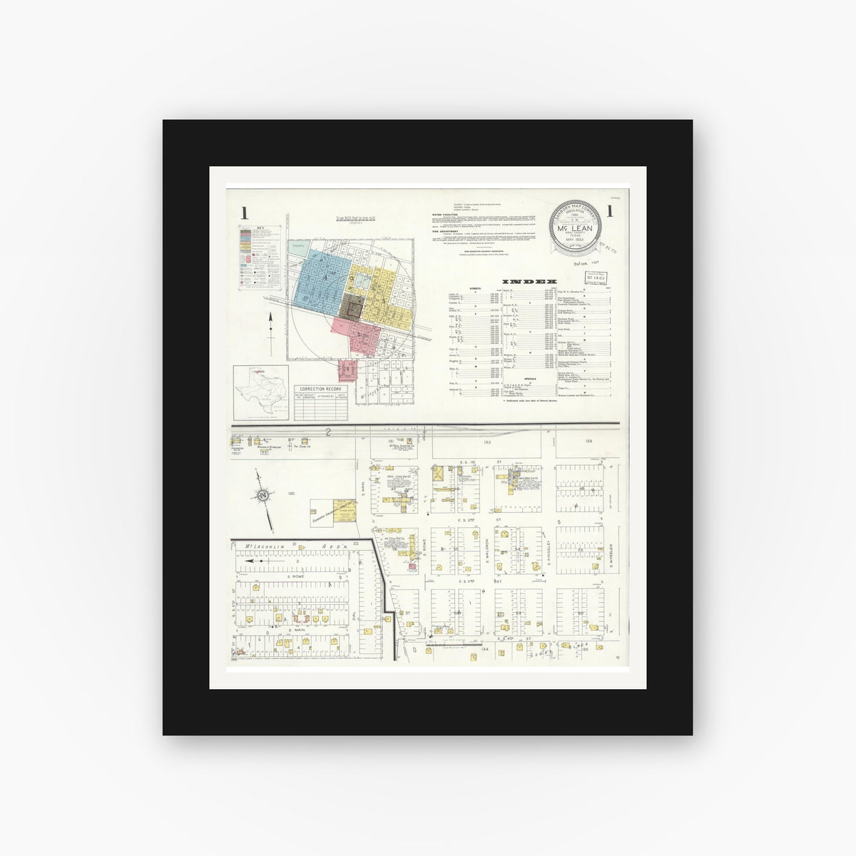 Old map wall art mockup — black gallery frame with white mat — Sanborn Fire Insurance Map from McLean, Gray County, Texas (1933) - Complete Map Set