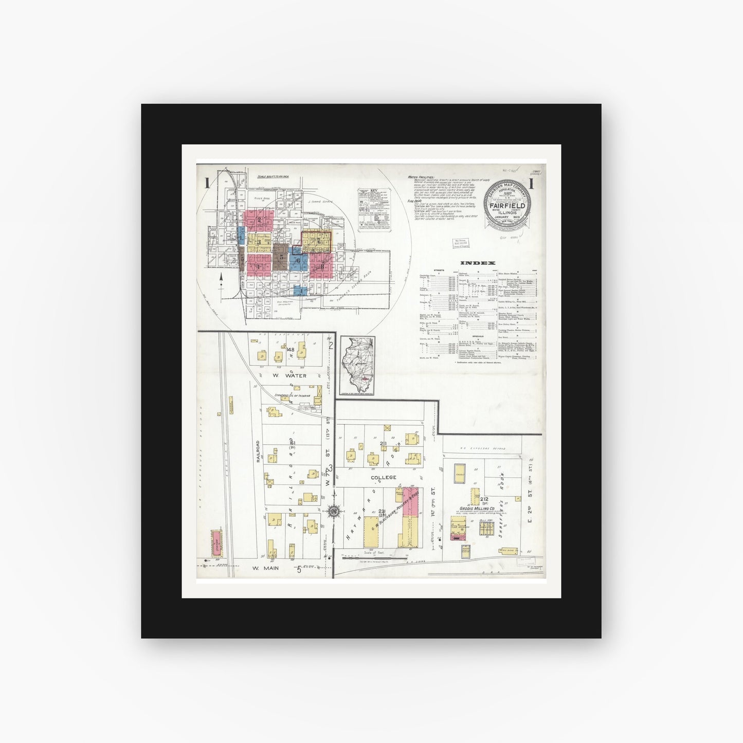 Old map wall art mockup — black gallery frame with white mat — Sanborn Fire Insurance Map from Fairfield, Wayne County, Illinois (1923), Sheet #0001
