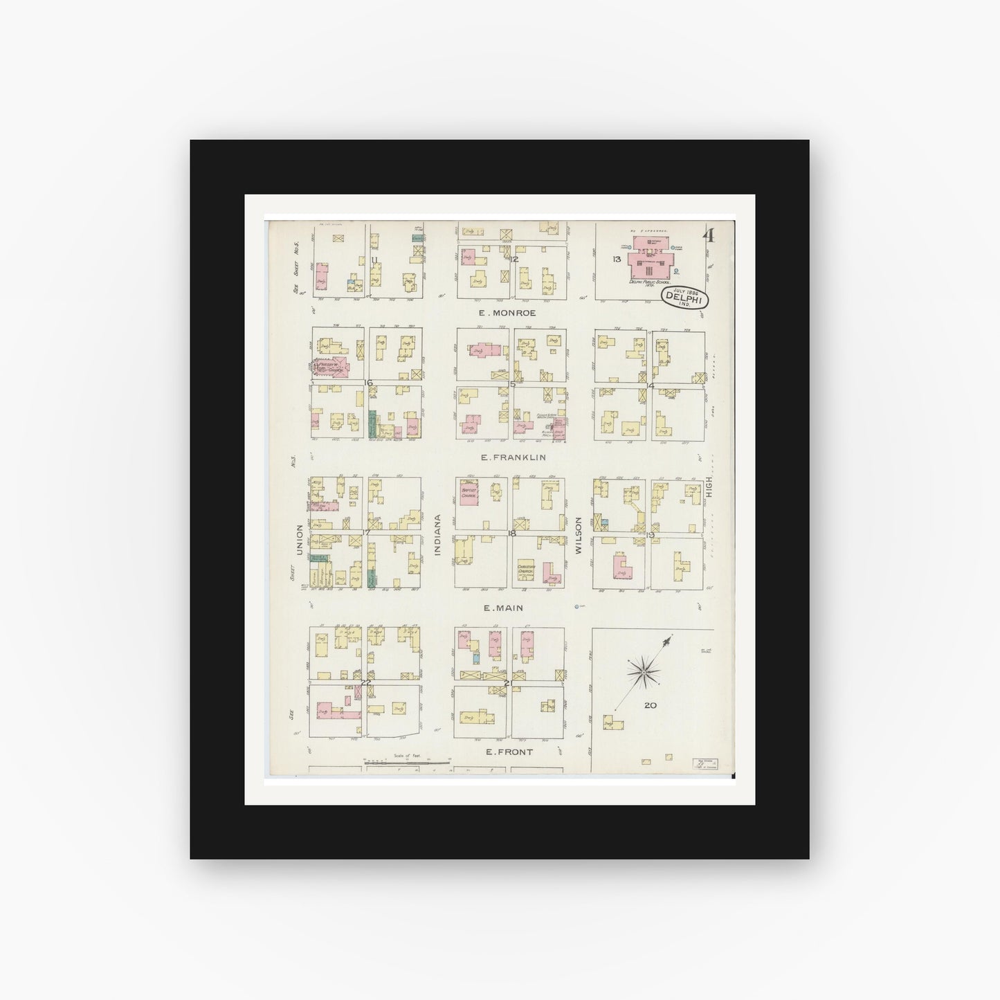 Old map wall art mockup — black gallery frame with white mat — Sanborn Fire Insurance Map from Delphi, Carroll County, Indiana (1886), Sheet #0004
