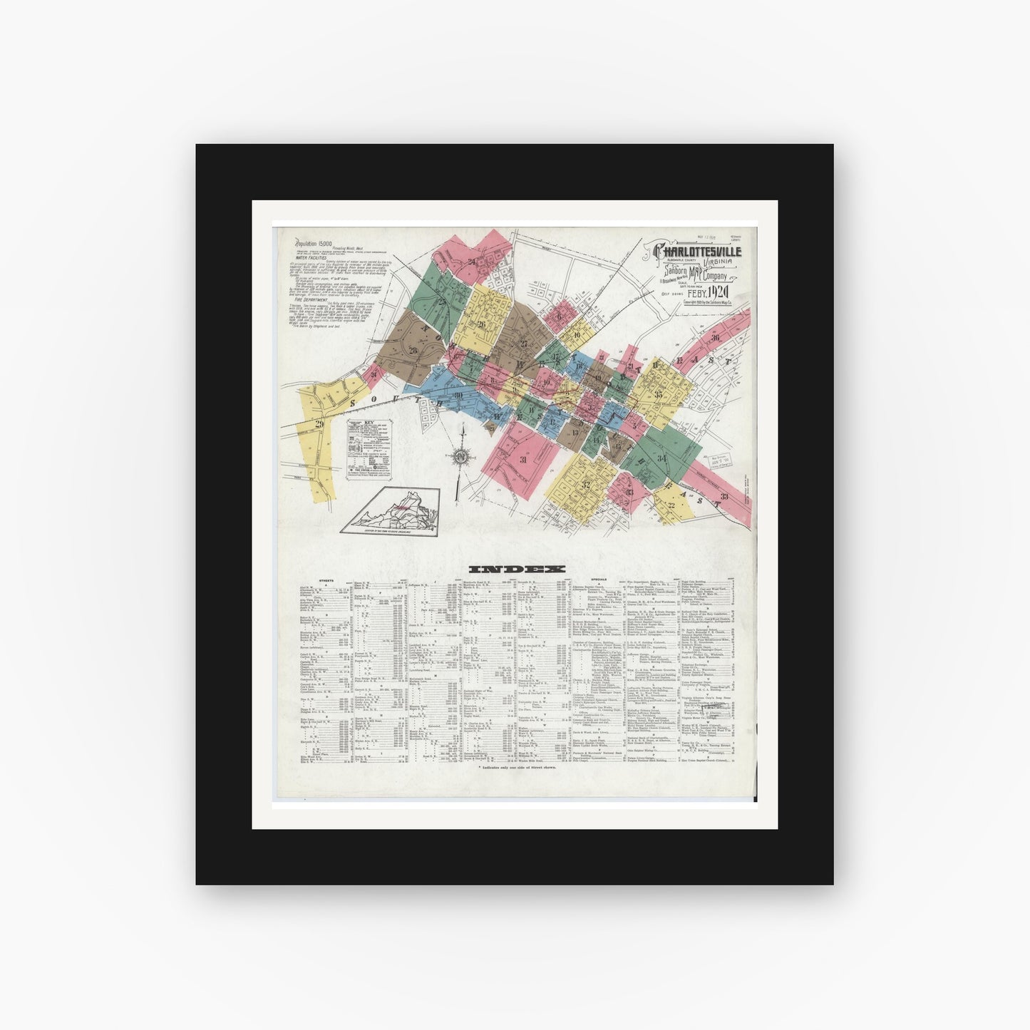 Old map wall art mockup — black gallery frame with white mat — Sanborn Fire Insurance Map from Charlottesville, Independent Cities, Virginia (1920) - Complete Map Set