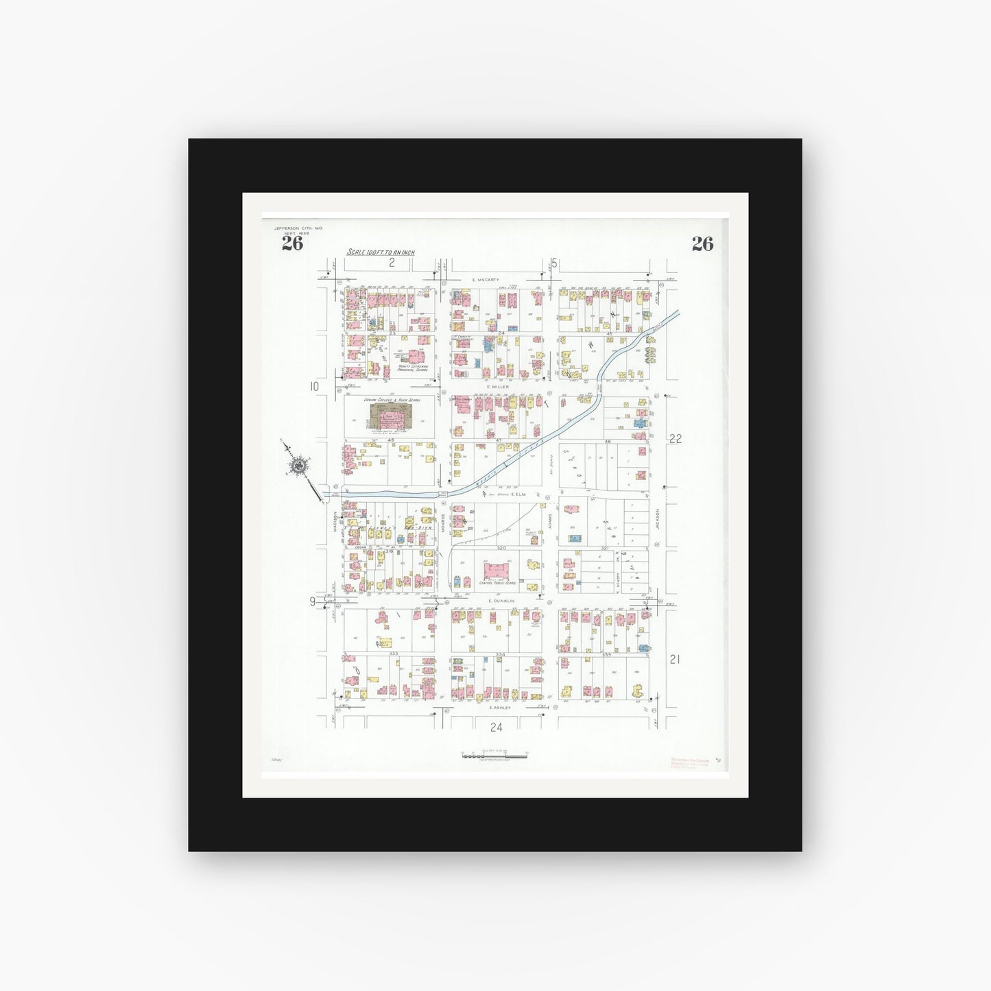 Old map wall art mockup — black gallery frame with white mat — Sanborn Fire Insurance Map from Jefferson City, Cole County, Missouri (1939), Sheet #0026