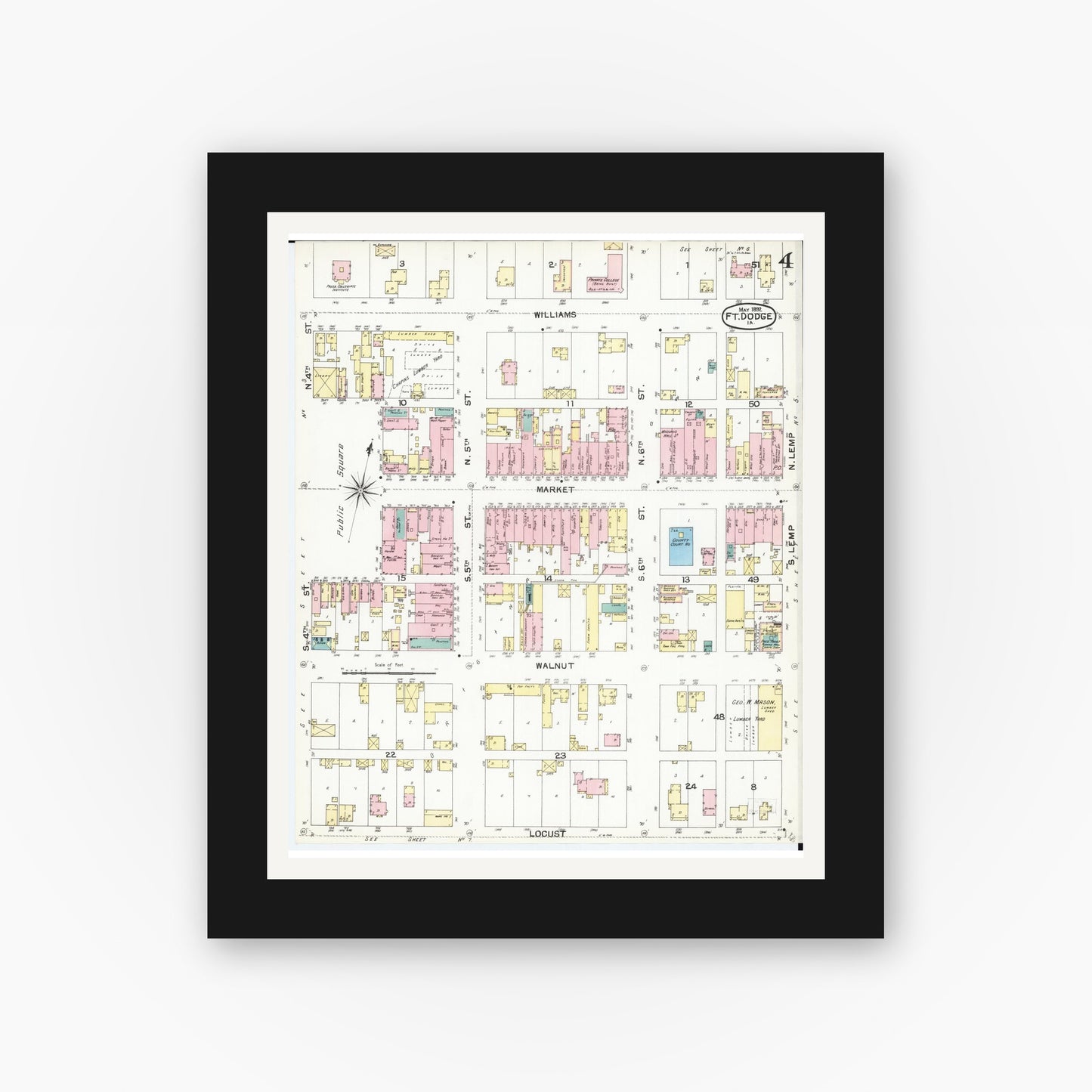 Old map wall art mockup — black gallery frame with white mat — Sanborn Fire Insurance Map from Fort Dodge, Webster County, Iowa (1892), Sheet #0004