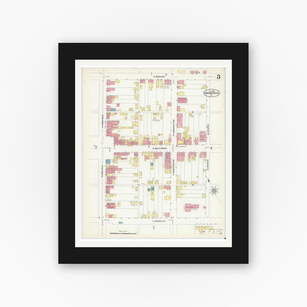 Old map wall art mockup — black gallery frame with white mat — Sanborn Fire Insurance Map from Greencastle, Franklin County, Pennsylvania (1907), Sheet #0003