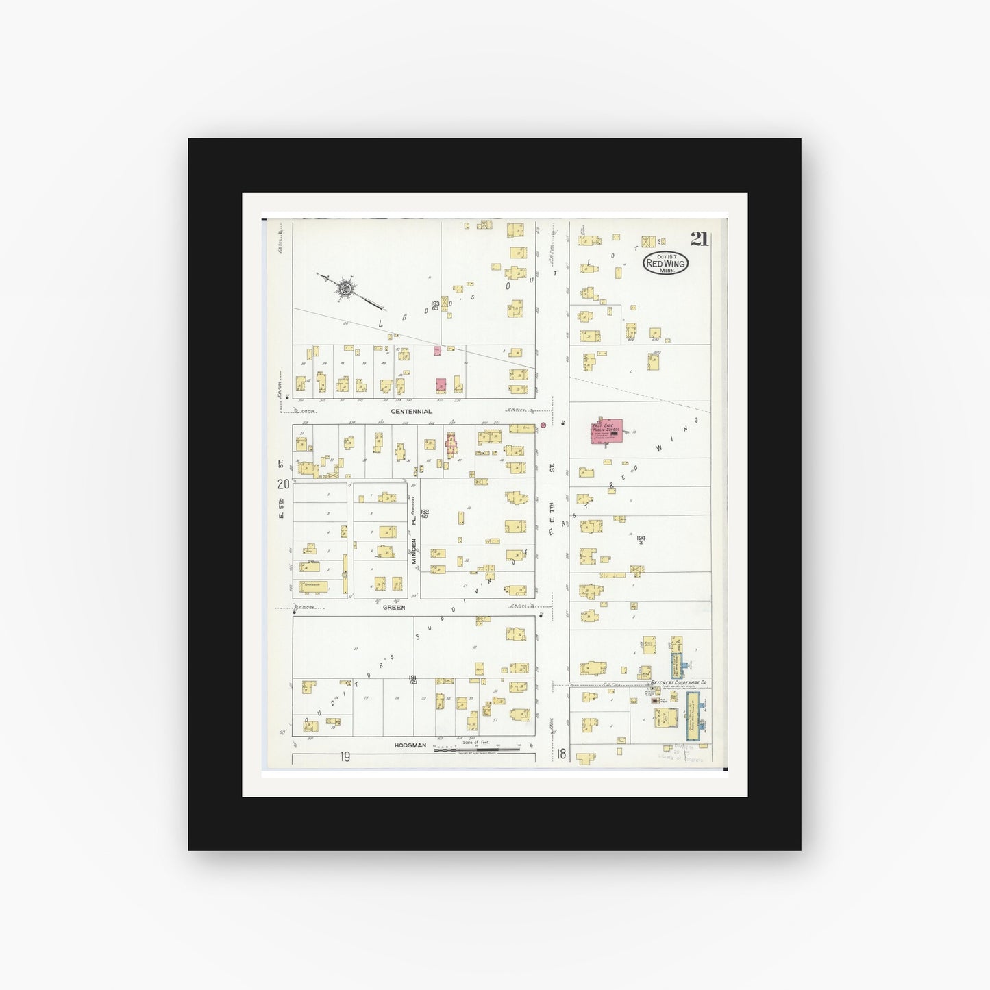 Old map wall art mockup — black gallery frame with white mat — Sanborn Fire Insurance Map from Red Wing, Goodhue County, Minnesota (1917), Sheet #0021