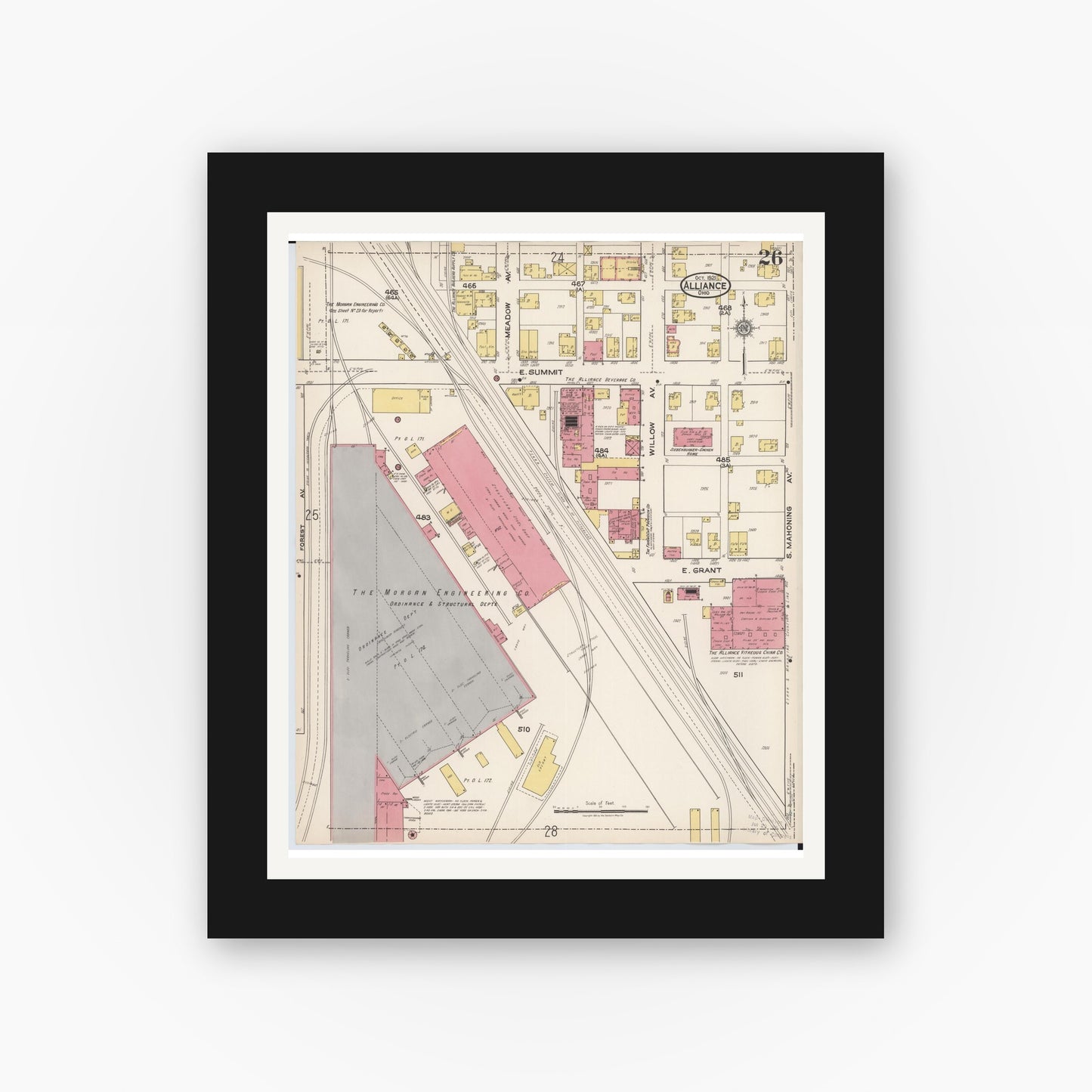 Old map wall art mockup — black gallery frame with white mat — Sanborn Fire Insurance Map from Alliance, Stark County, Ohio (1921), Sheet #0026