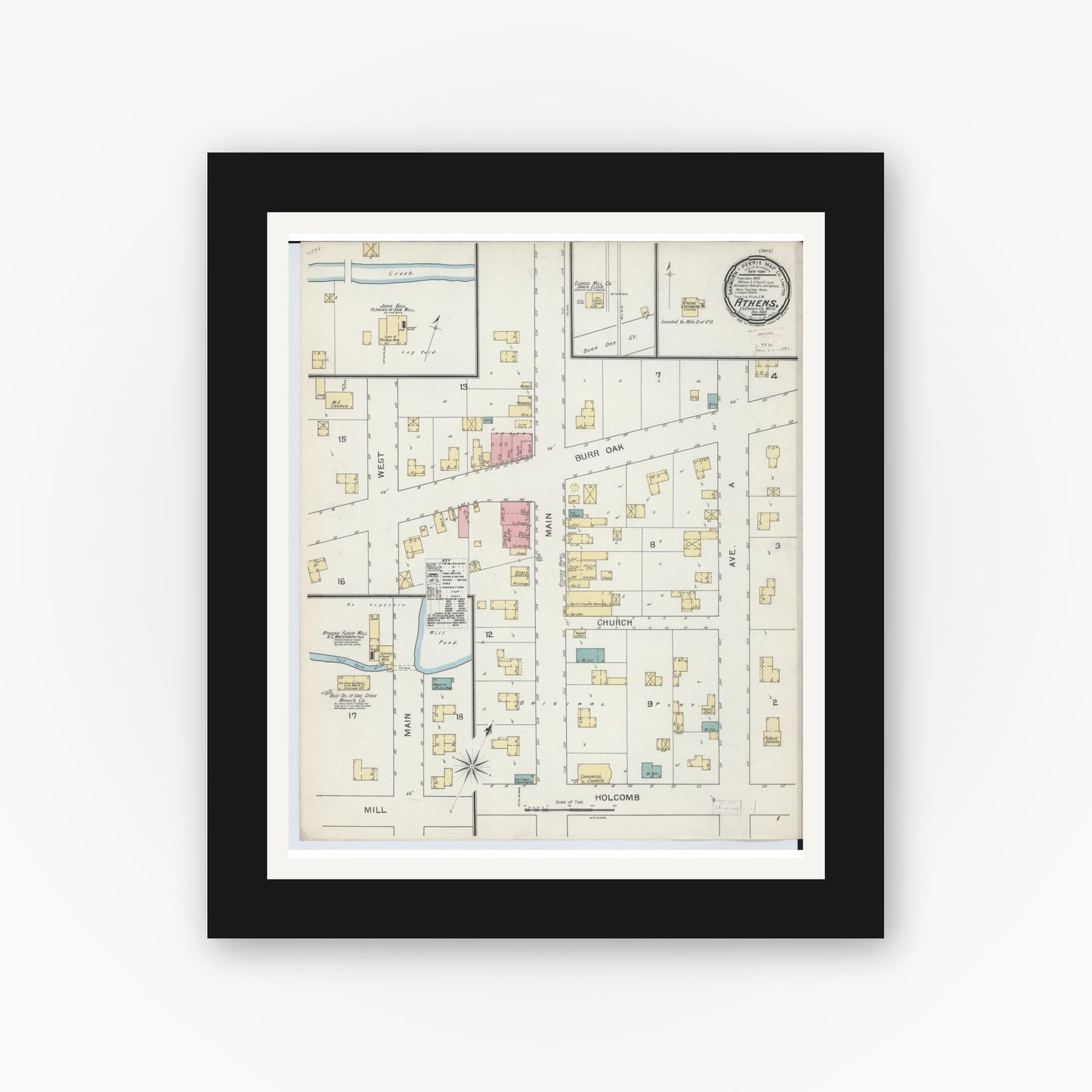 Old map wall art mockup — black gallery frame with white mat — Sanborn Fire Insurance Map from Athens, Calhoun County, Michigan (1892), Sheet #0001