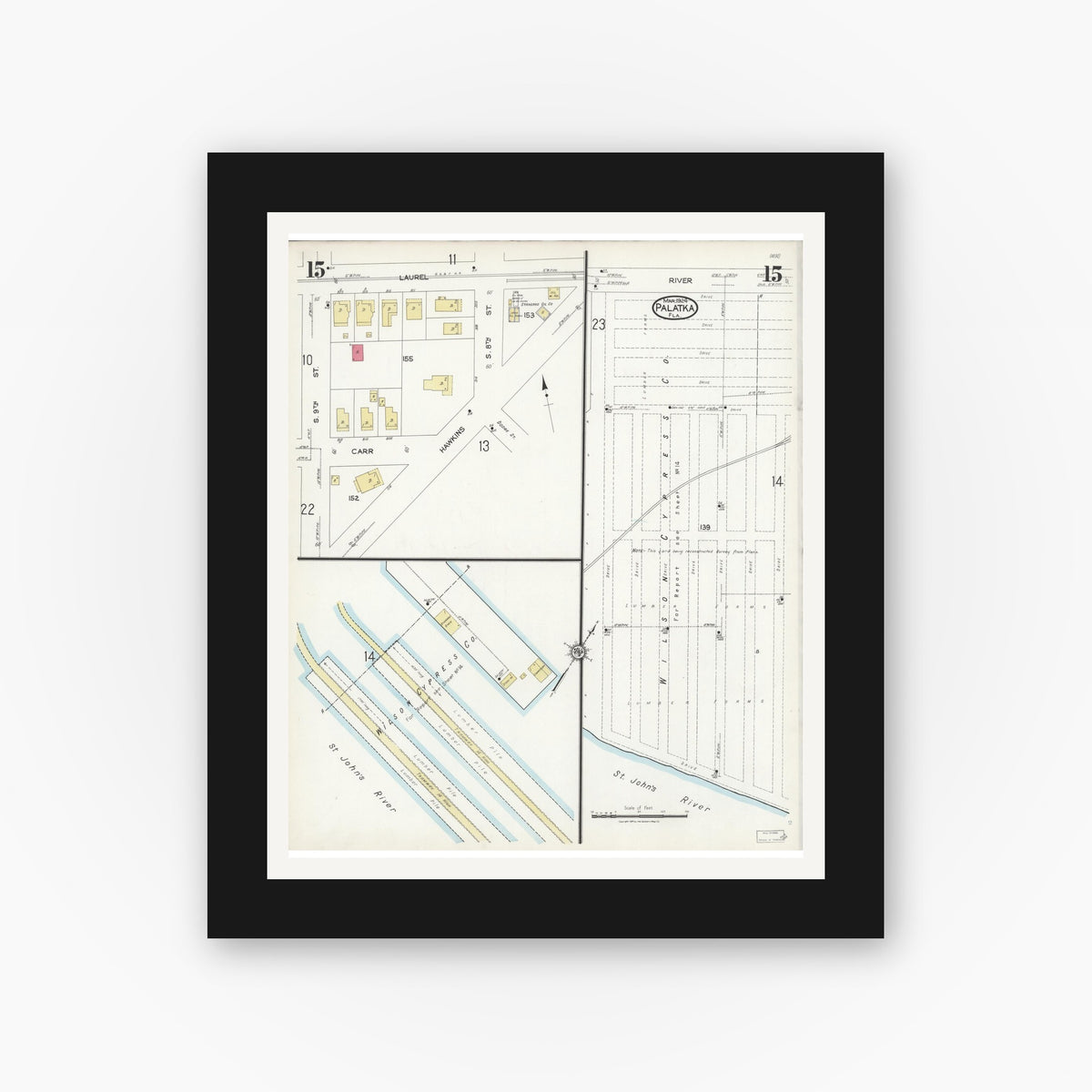 Old map wall art mockup — black gallery frame with white mat — Sanborn Fire Insurance Map from Palatka, Putnam County, Florida (1924), Sheet #0015