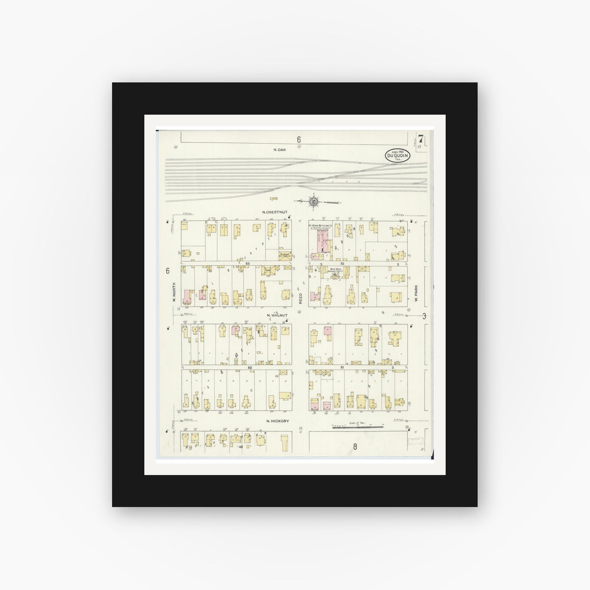 Old map wall art mockup — black gallery frame with white mat — Sanborn Fire Insurance Map from Du Quoin, Perry County, Illinois (1910), Sheet #0007