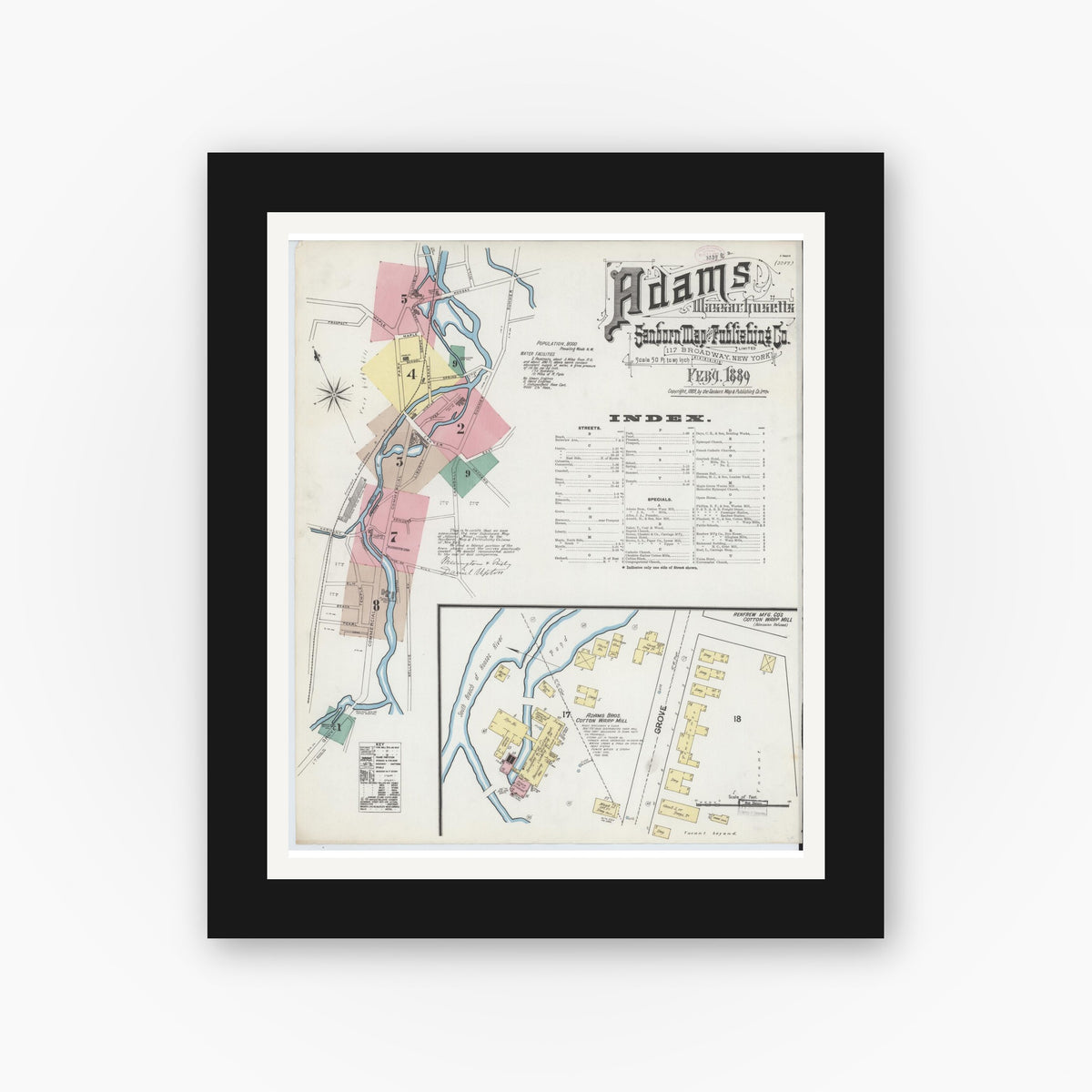 Old map wall art mockup — black gallery frame with white mat — Sanborn Fire Insurance Map from Adams, Berkshire County, Massachusetts (1889) - Complete Map Set