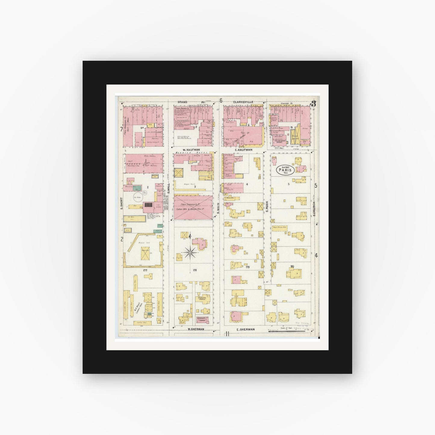 Old map wall art mockup — black gallery frame with white mat — Sanborn Fire Insurance Map from Paris, Lamar County, Texas (1902), Sheet #0003