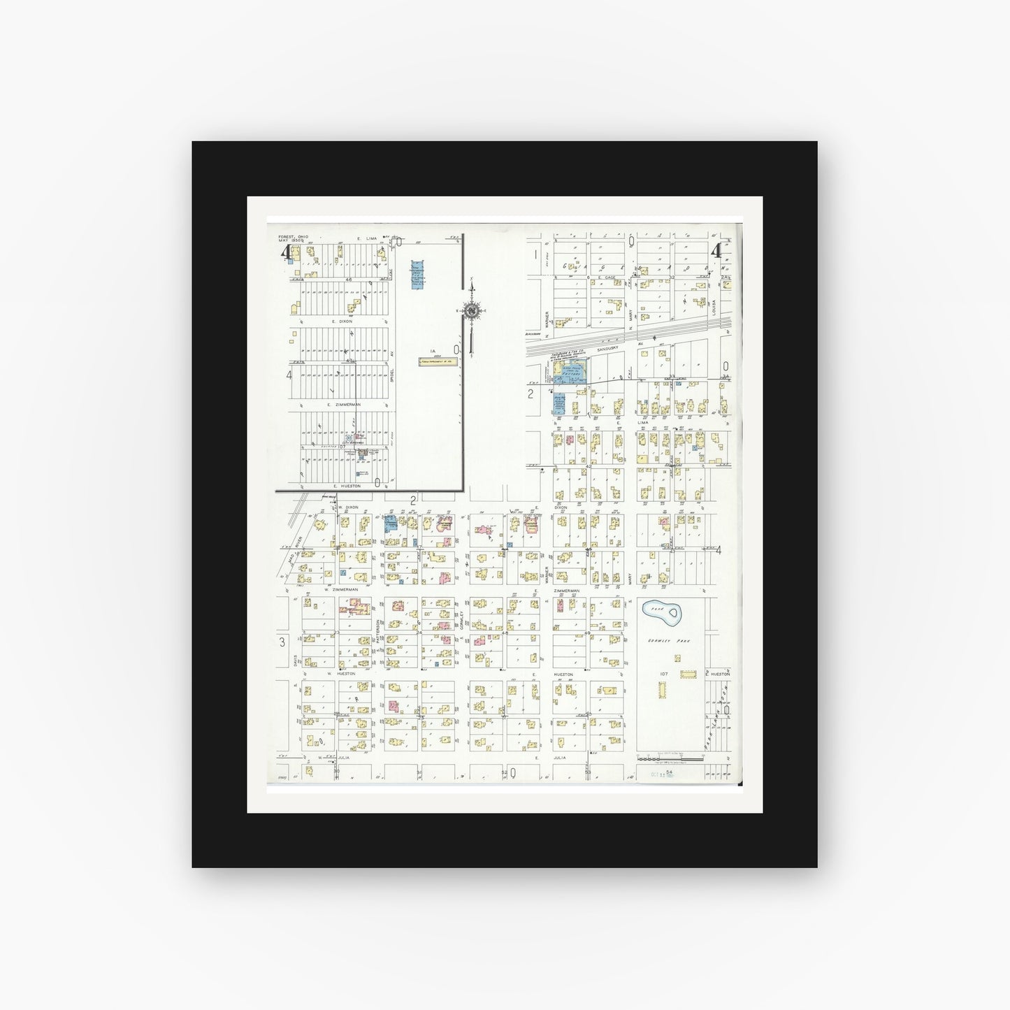 Old map wall art mockup — black gallery frame with white mat — Sanborn Fire Insurance Map from Forest, Hardin County, Ohio (1950), Sheet #0004