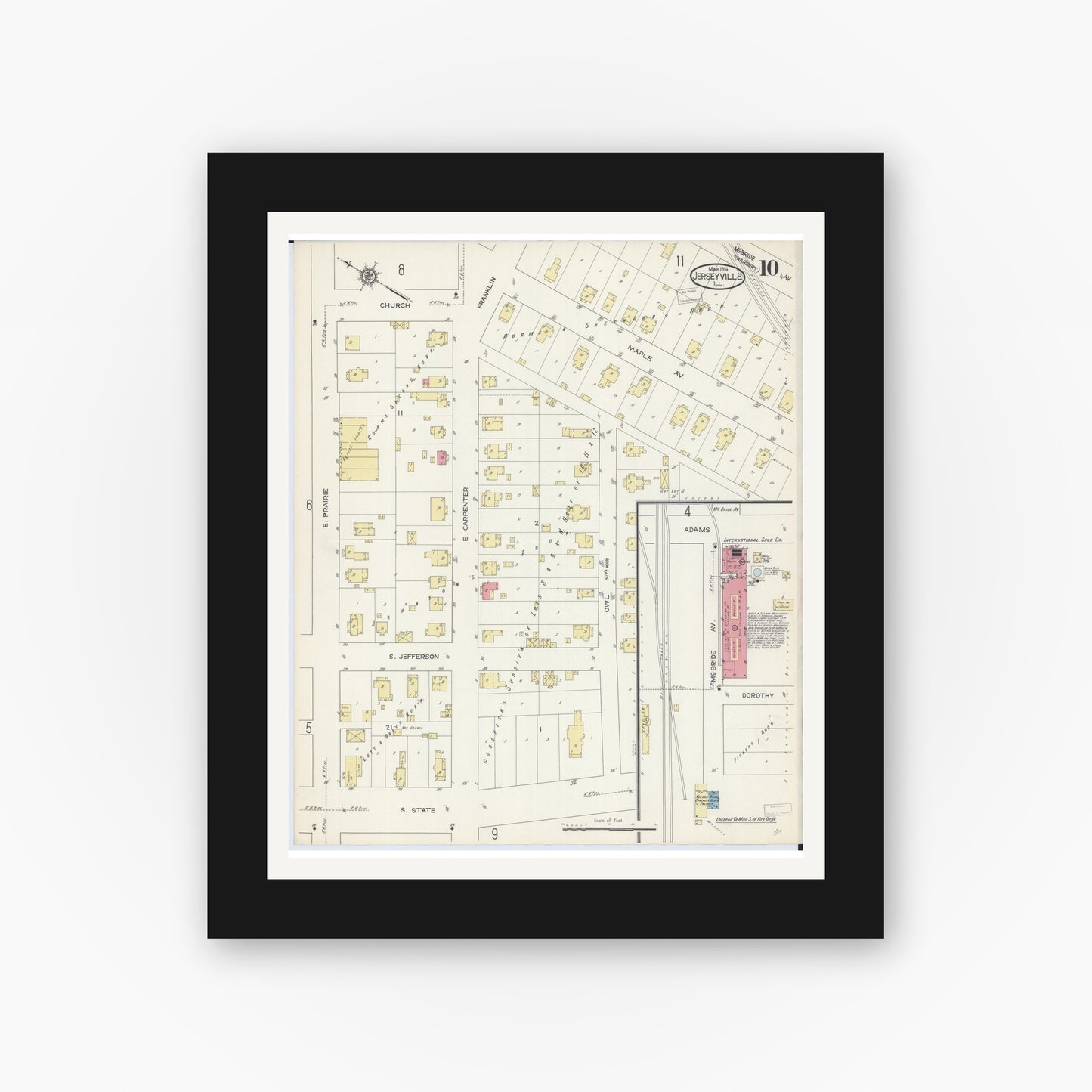 Old map wall art mockup — black gallery frame with white mat — Sanborn Fire Insurance Map from Jerseyville, Jersey County, Illinois (1914), Sheet #0010