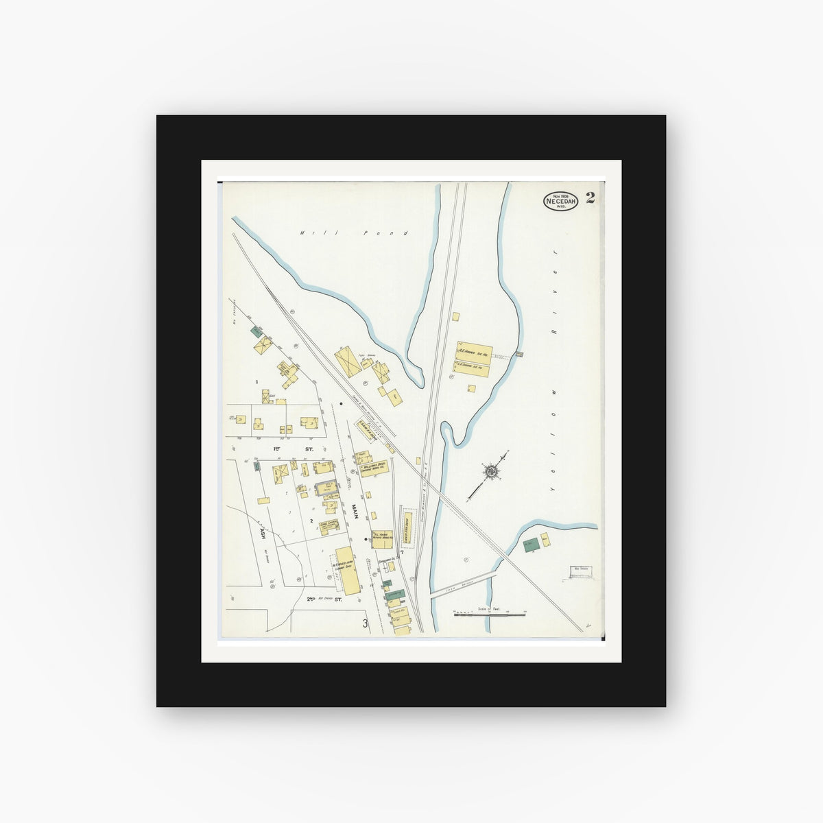 Old map wall art mockup — black gallery frame with white mat — Sanborn Fire Insurance Map from Necedah, Juneau County, Wisconsin (1909), Sheet #0002